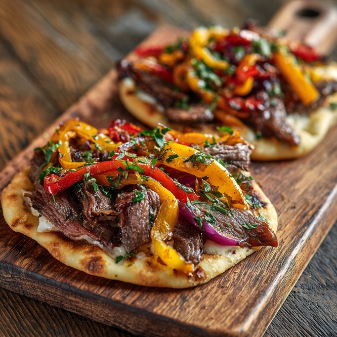 Golden grilled flatbreads topped with juicy beef slices, colorful grilled peppers, and a sprinkle of fresh herbs, served on a rustic wooden board.