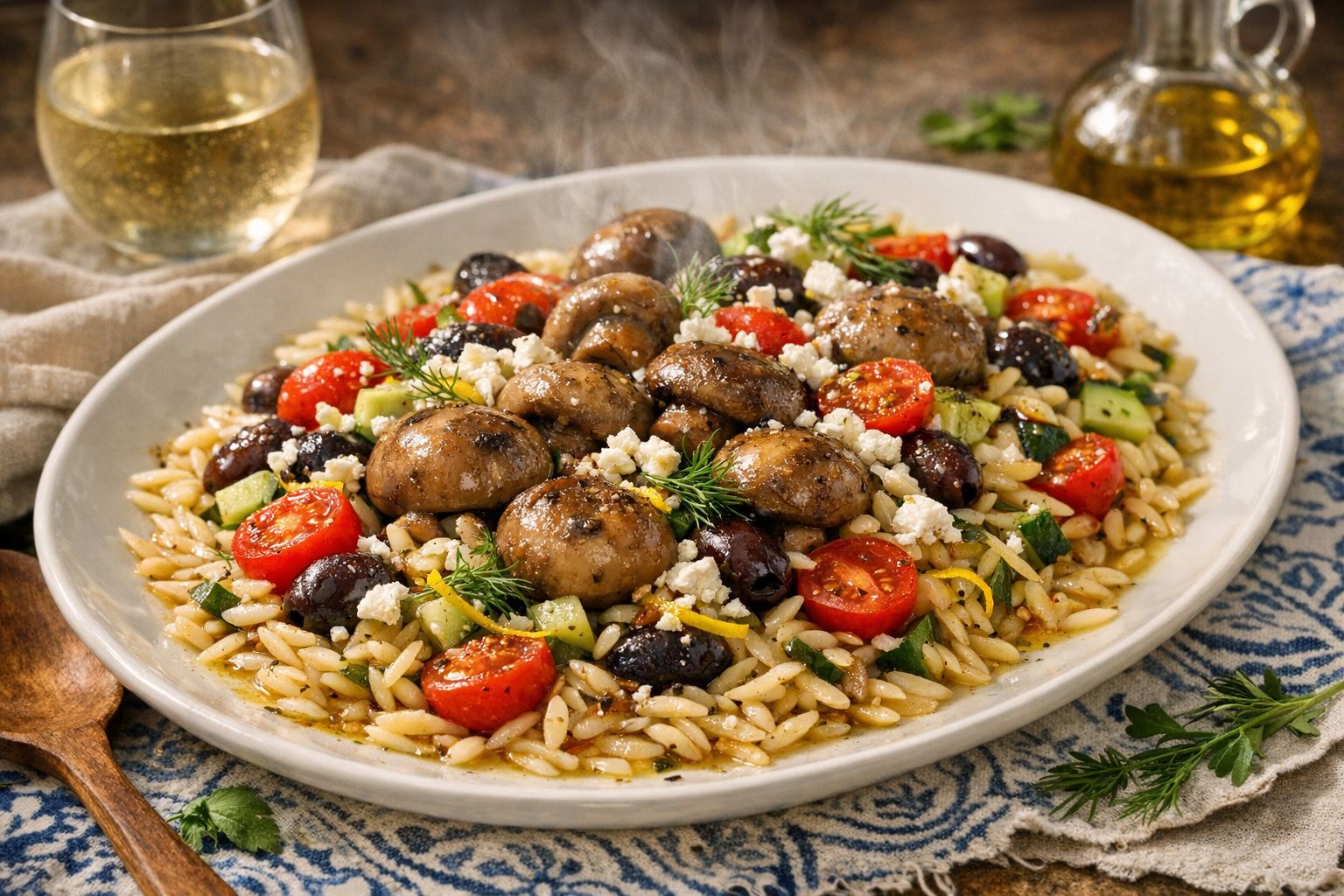 Glossy orzo and satin-poached mushrooms nestled on a wide white platter, dotted with ruby tomatoes, cool cucumber, and inky olives, finished with crumbled feta, lemon zest, and feathery dill.