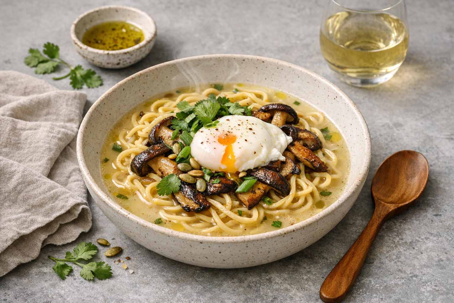 Ivory broth pooling around golden noodles and tender mushrooms, crowned with a glossy poached egg, cilantro and scallion greens, and pumpkin seeds, served in a wide stoneware bowl.