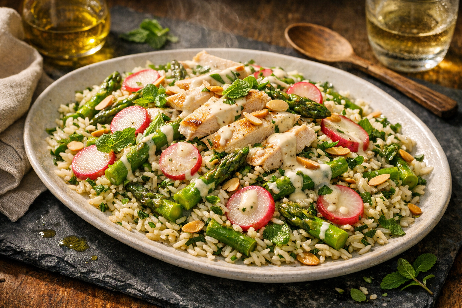 A wide white platter piled with glossy rice and herb-flecked shards of chicken, bright-green asparagus and blush-pink radishes, drizzled with creamy ivory dressing and scattered with golden almonds and mint.