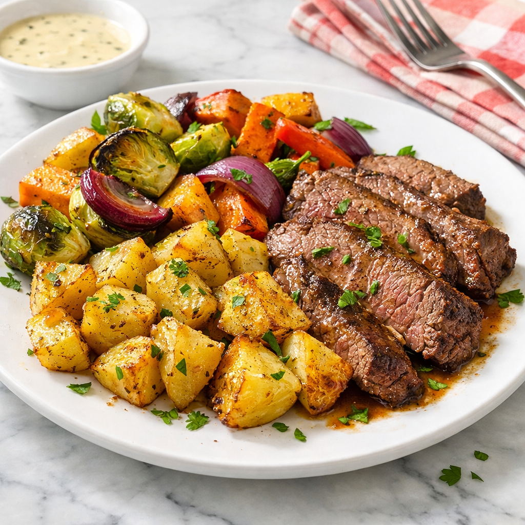 A vibrant plate showcasing golden roasted potatoes, succulent beef slices, and colorful roasted vegetables, garnished with fresh herbs.