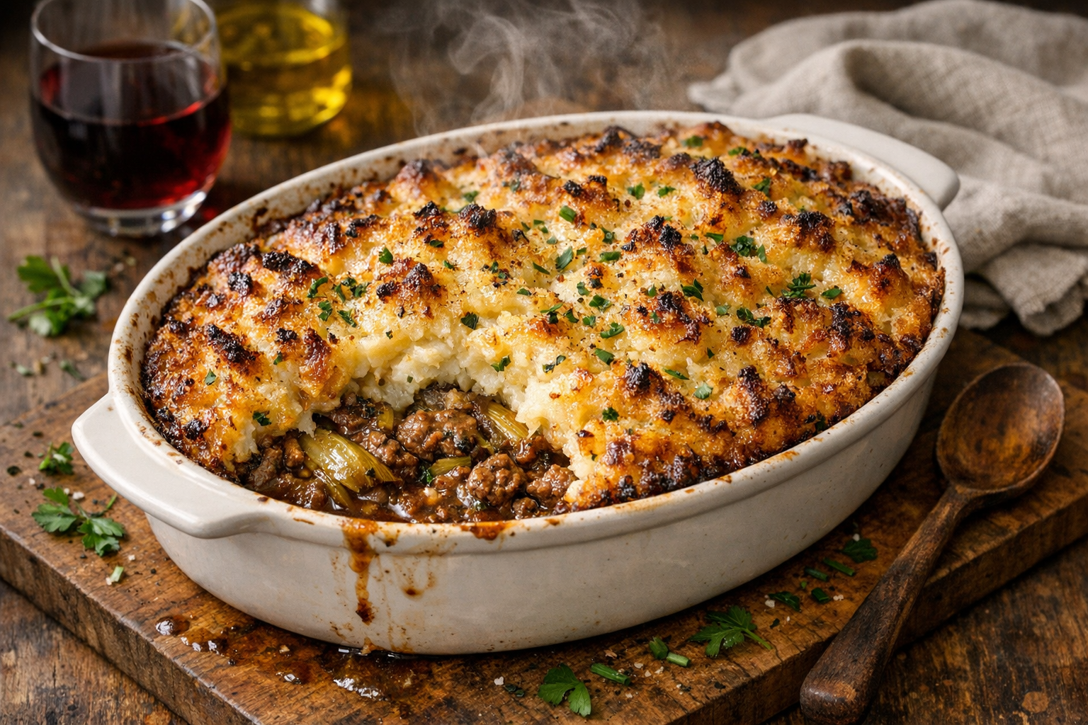 A wide white gratin dish holds a bronzed, craggy potato crust with caramelized peaks over a glossy beef-leek filling, speckled with parsley and chives, steam curling at the edges.