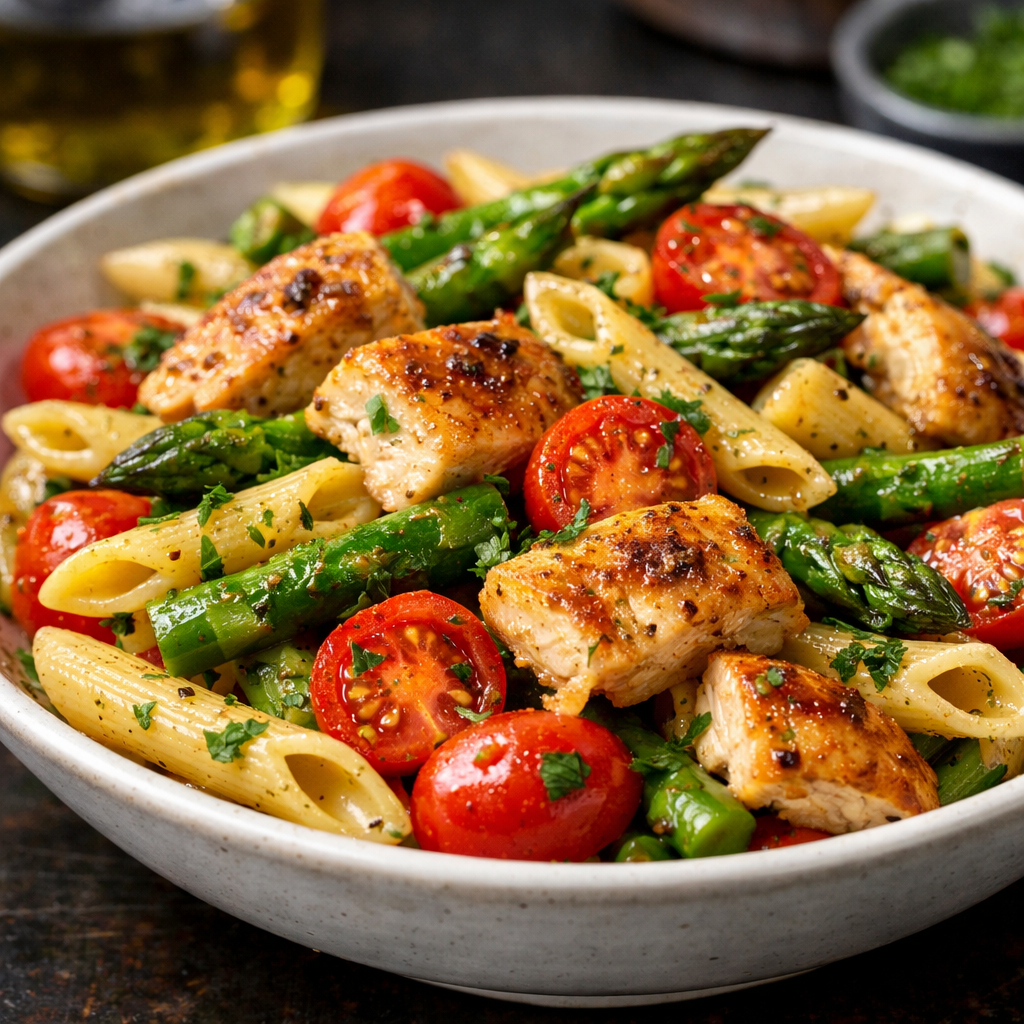 A vibrant bowl of pasta salad featuring golden-brown chicken, bright green asparagus, and cherry tomatoes, garnished with fresh herbs.