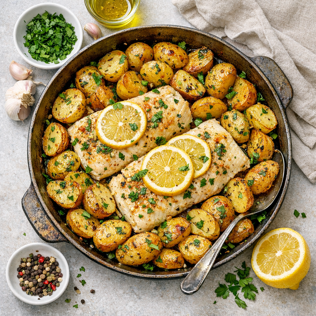 A vibrant plate featuring golden roasted potatoes, succulent fish fillets, and a sprinkle of fresh herbs, all nestled together in a rustic pan.