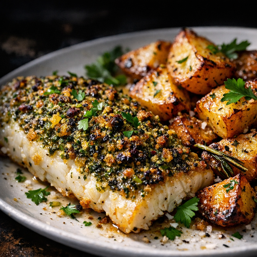 The dish features golden-brown fish fillets topped with a green herb crust, served alongside crispy rosemary potatoes, garnished with fresh parsley.
