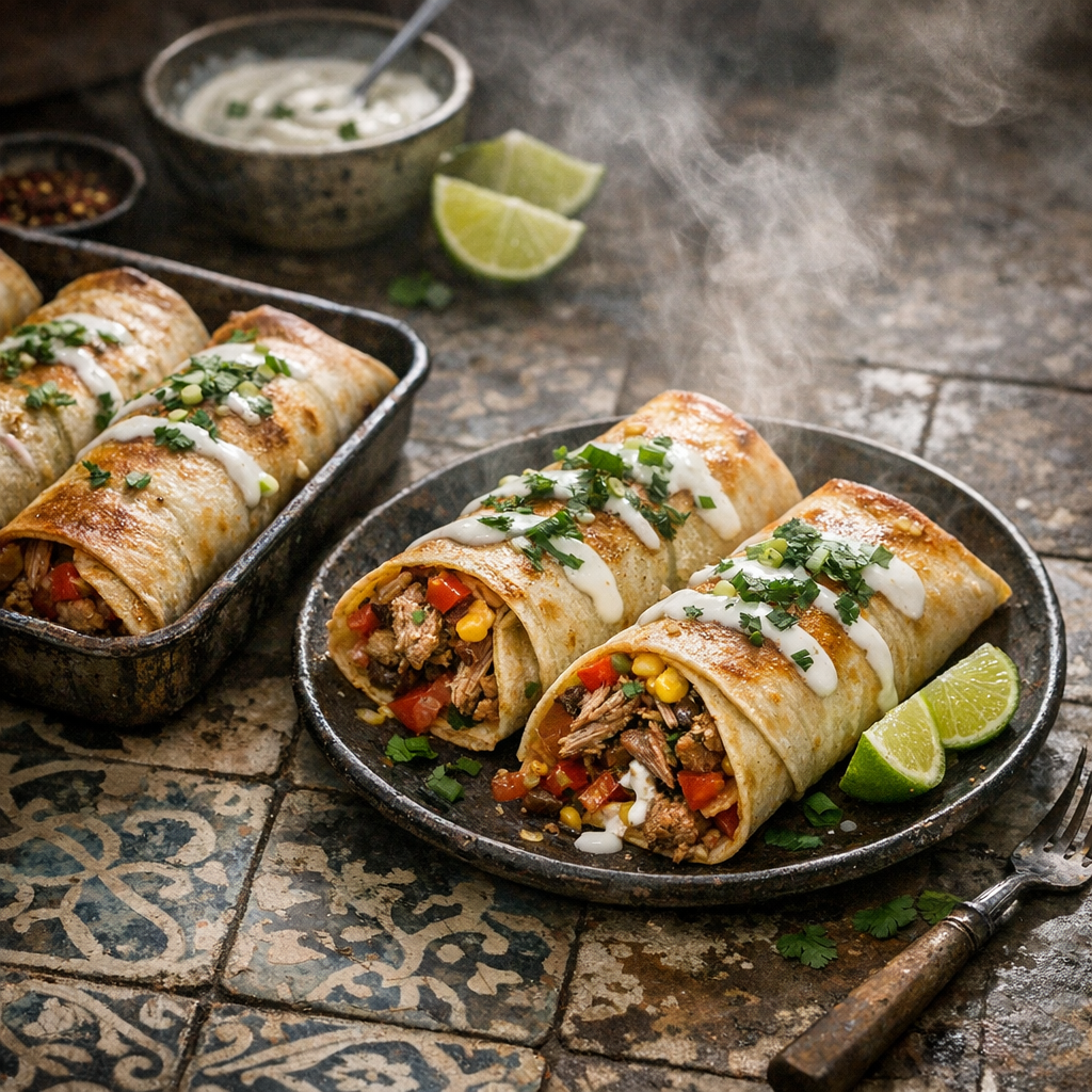 Golden-brown tortilla wraps, bursting with tender pork and colorful vegetables, garnished with fresh herbs and a drizzle of yogurt sauce.