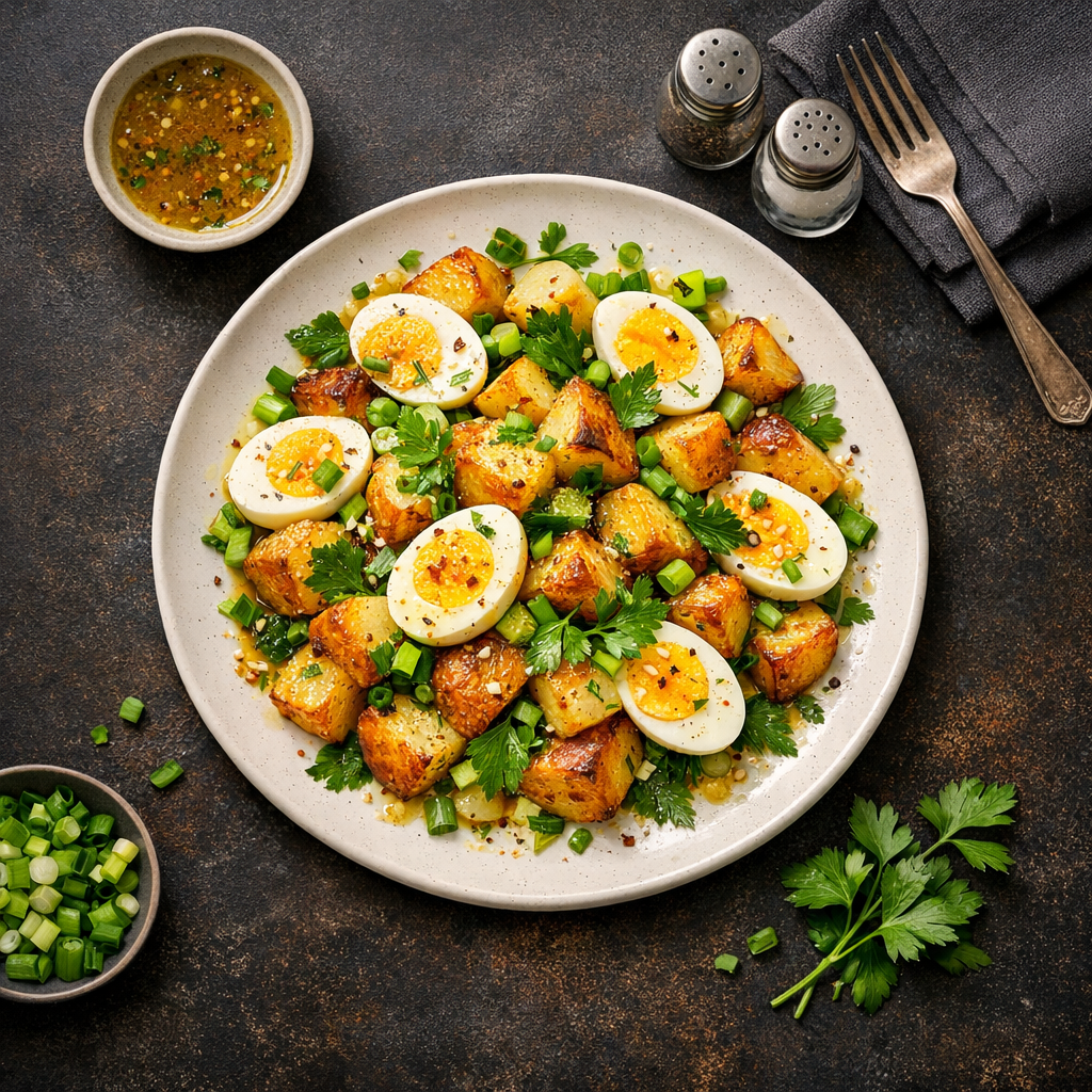 A colorful plate featuring golden roasted potatoes, creamy egg slices, and vibrant green herbs, drizzled with a tangy dressing.