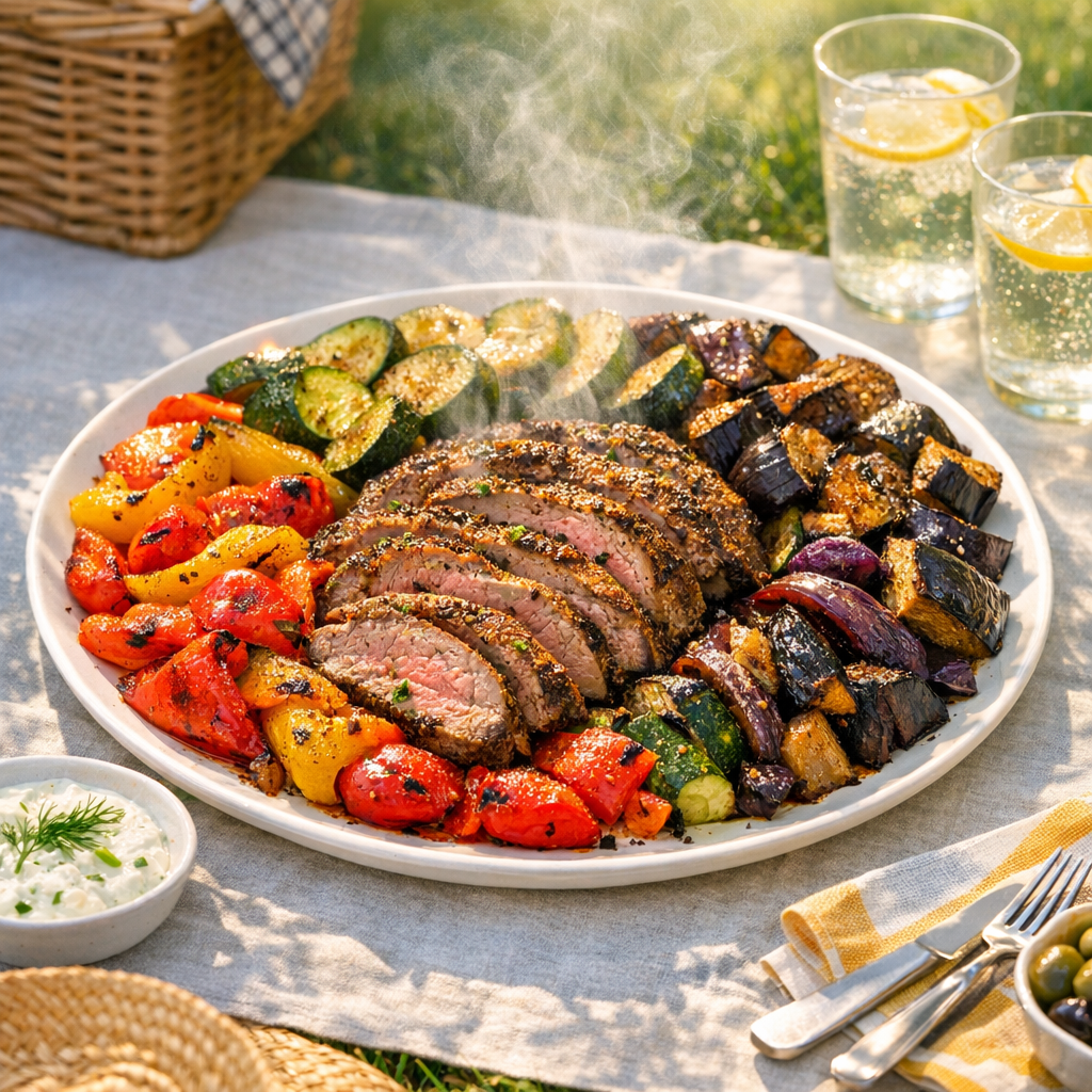 A colorful platter showcasing slices of succulent lamb surrounded by vibrant roasted bell peppers, deep purple eggplant, and bright green zucchini.