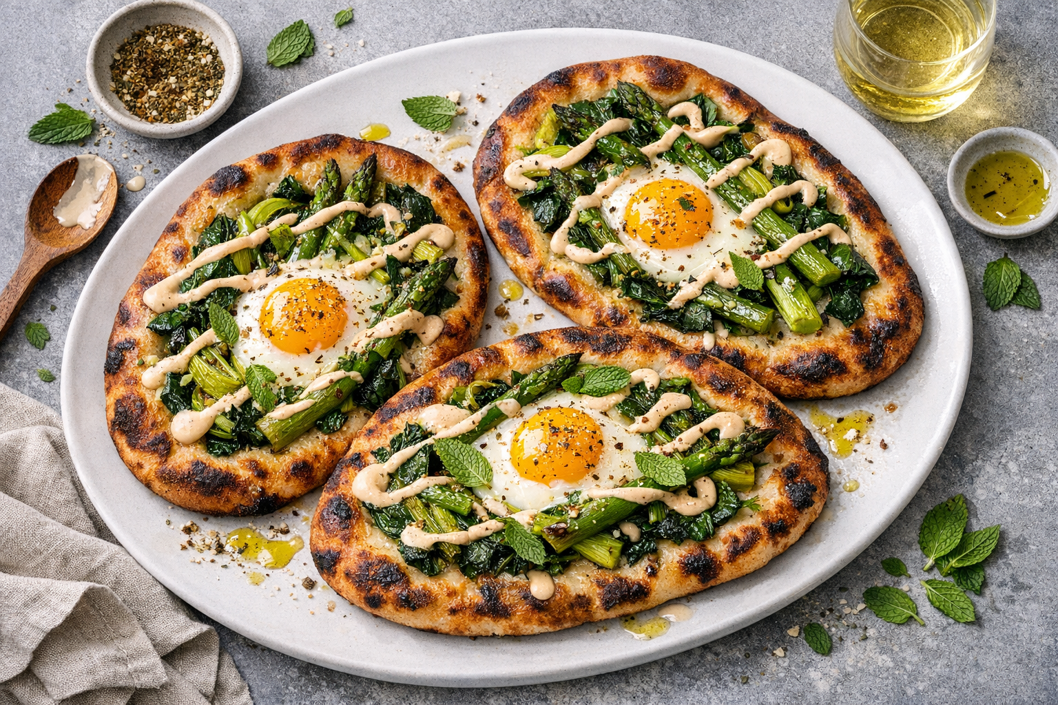 Charred-edged flatbreads topped with glossy, just-set eggs, emerald asparagus and spinach, ivory tahini ribbons, and flecks of za’atar and mint, arranged on a matte white platter.