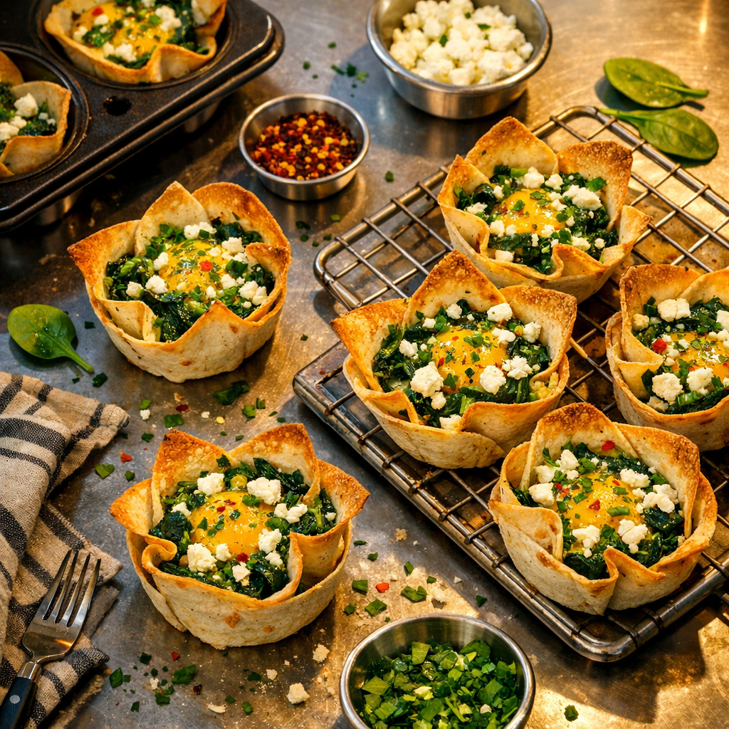 Colorful tortilla cups filled with bright green spinach and crumbled feta, garnished with fresh herbs and served on a rustic wooden board.