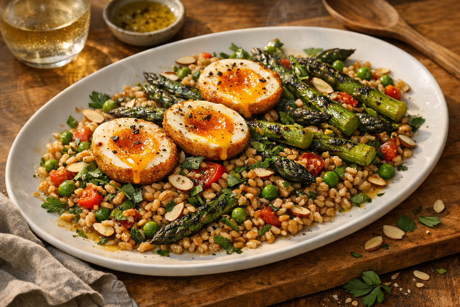 Bronzed jammy eggs atop glistening farro, charred emerald asparagus and peas, flecks of herbs and almonds, all glossed with lemony dressing on a cool, wide white platter.