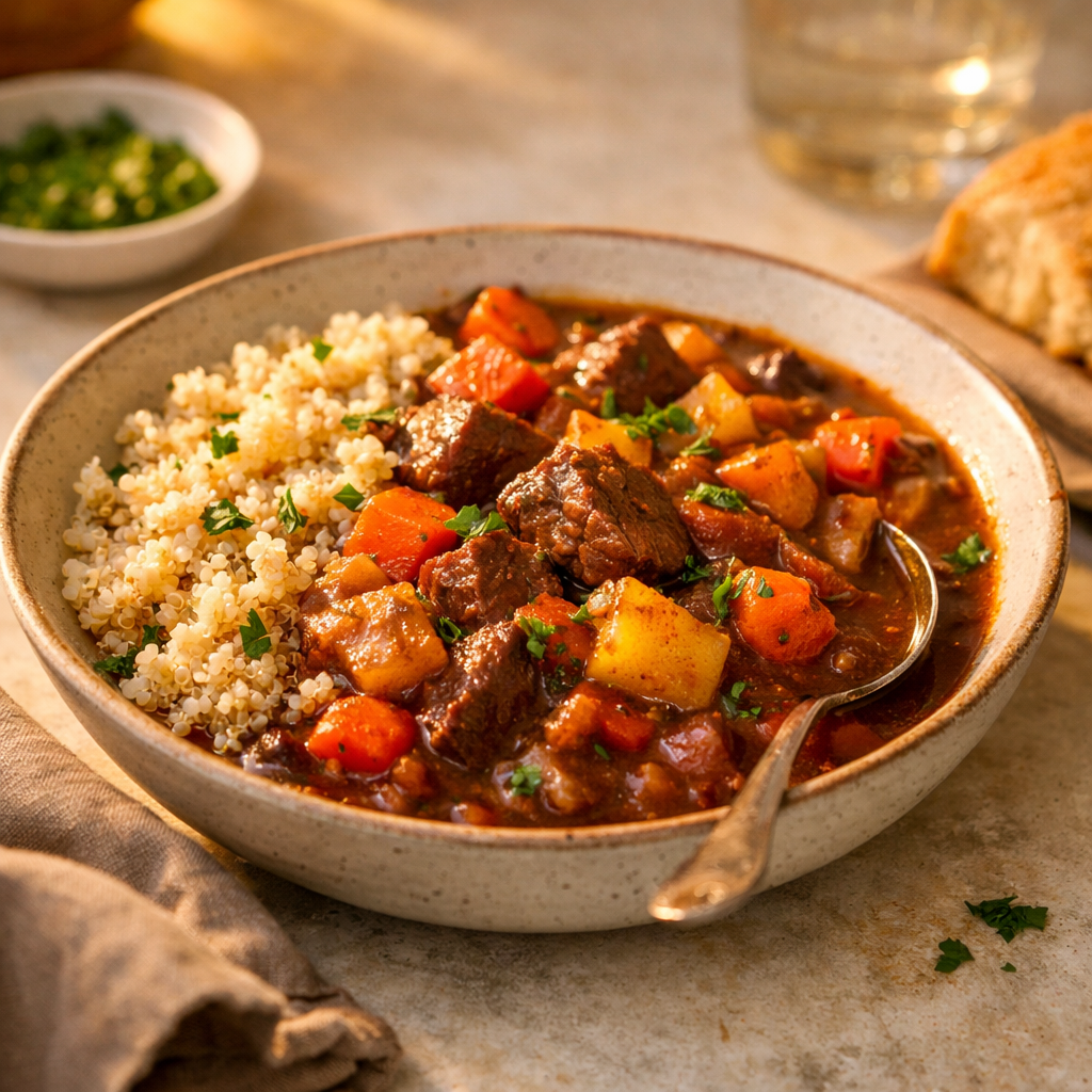 A vibrant bowl filled with rich, brown stew dotted with colorful root vegetables, served over fluffy quinoa and garnished with fresh herbs.