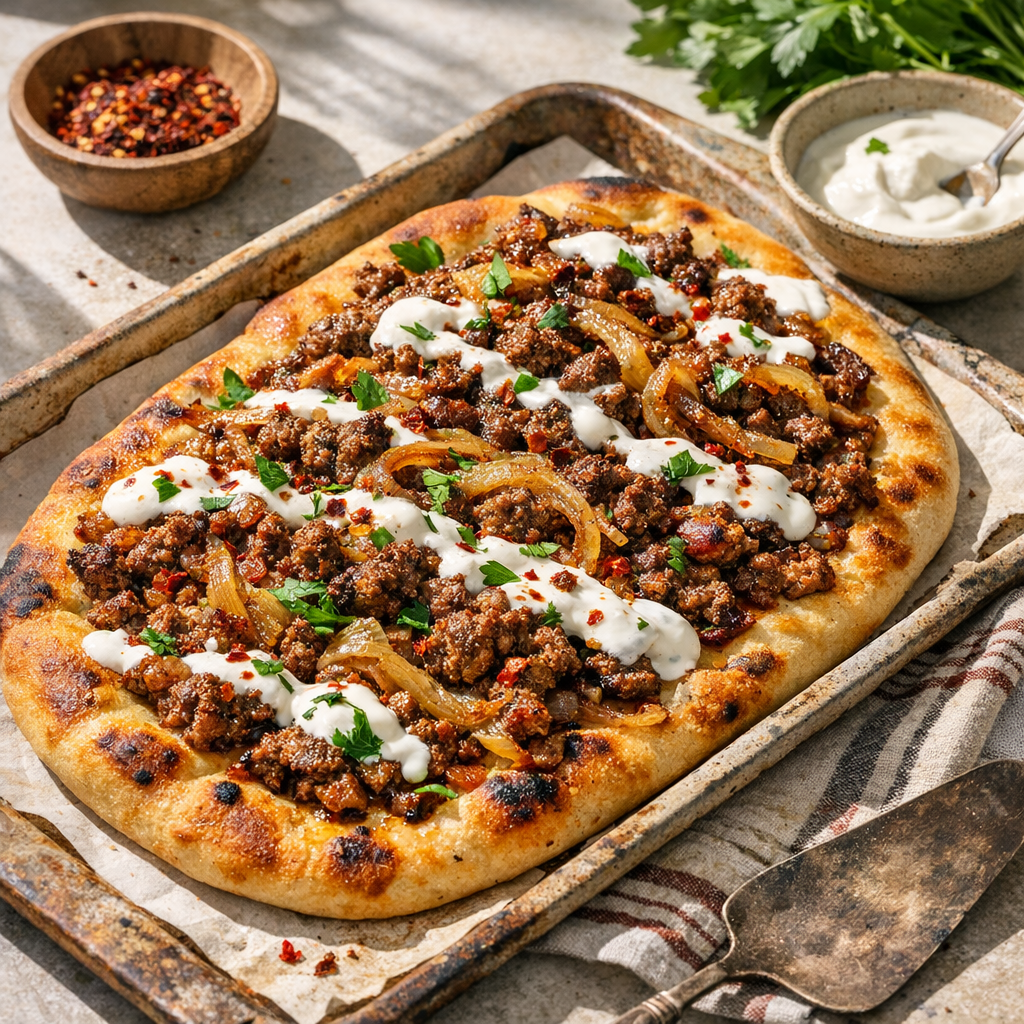 Golden flatbread topped with spiced, juicy beef and sweet caramelized onions, garnished with fresh herbs and a drizzle of yogurt.