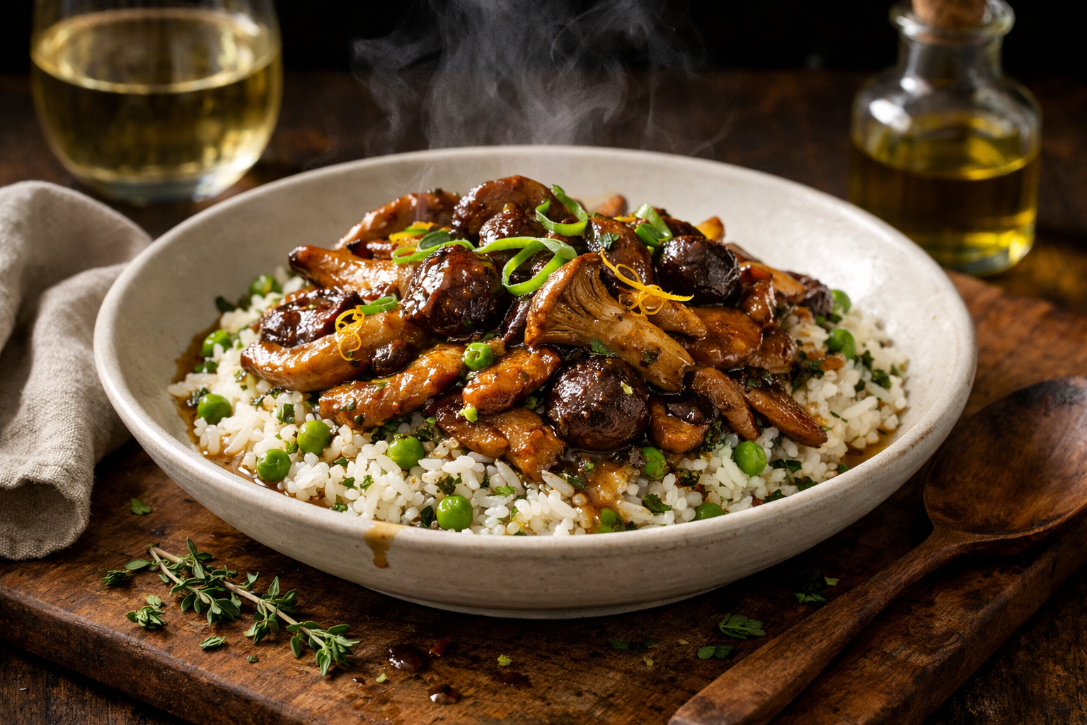Glossy chestnut and oyster mushrooms in a light, herb-flecked sauce spill over fluffy white rice with bright peas and scallion curls, lemon zest glinting on a wide warm white shallow bowl.