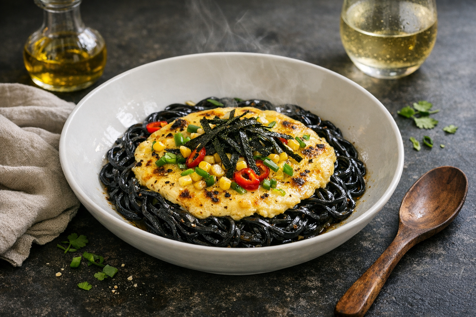 Glossy black-sheened noodles under a golden, just-set egg custard, punctuated with corn, red chili and scallion greens, finished with nori ribbons on a wide white bowl.
