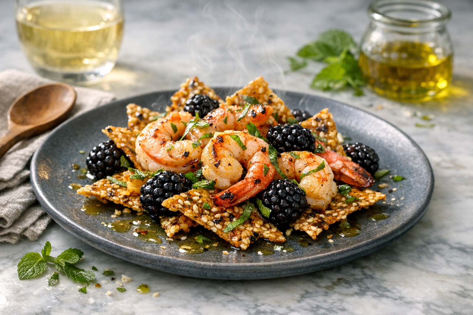 On a cool slate-gray plate, amber sesame-quinoa brittle shards cradle pearly pink prawns and inky blackberries, glossed with lime syrup and flecked with fine mint ribbons.