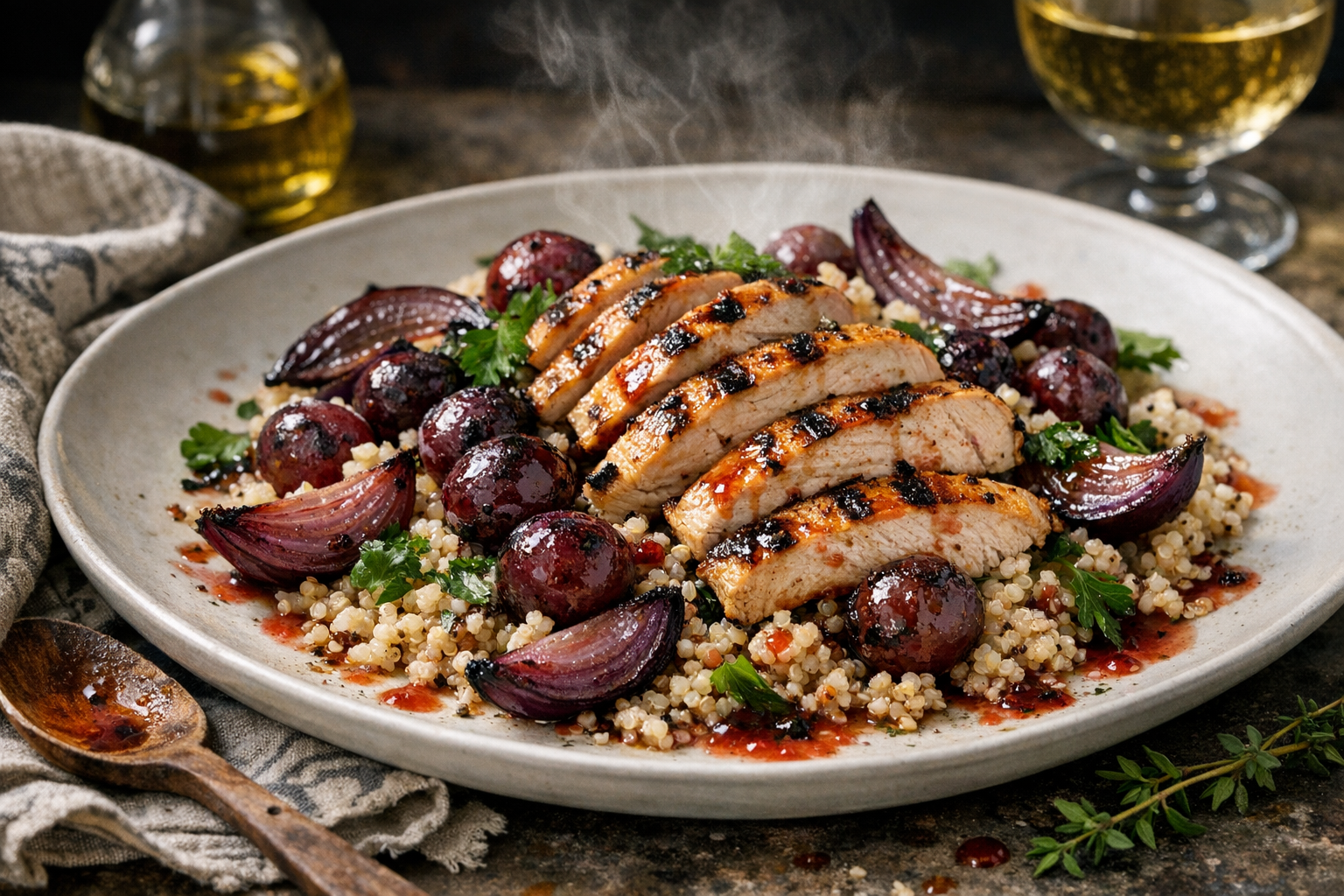 Char-marked chicken slices over pearly quinoa with inky-blistered grapes, purple onion wedges, and green parsley scattered on a wide matte-white platter, glossed with a ruby-tinged vinaigrette.