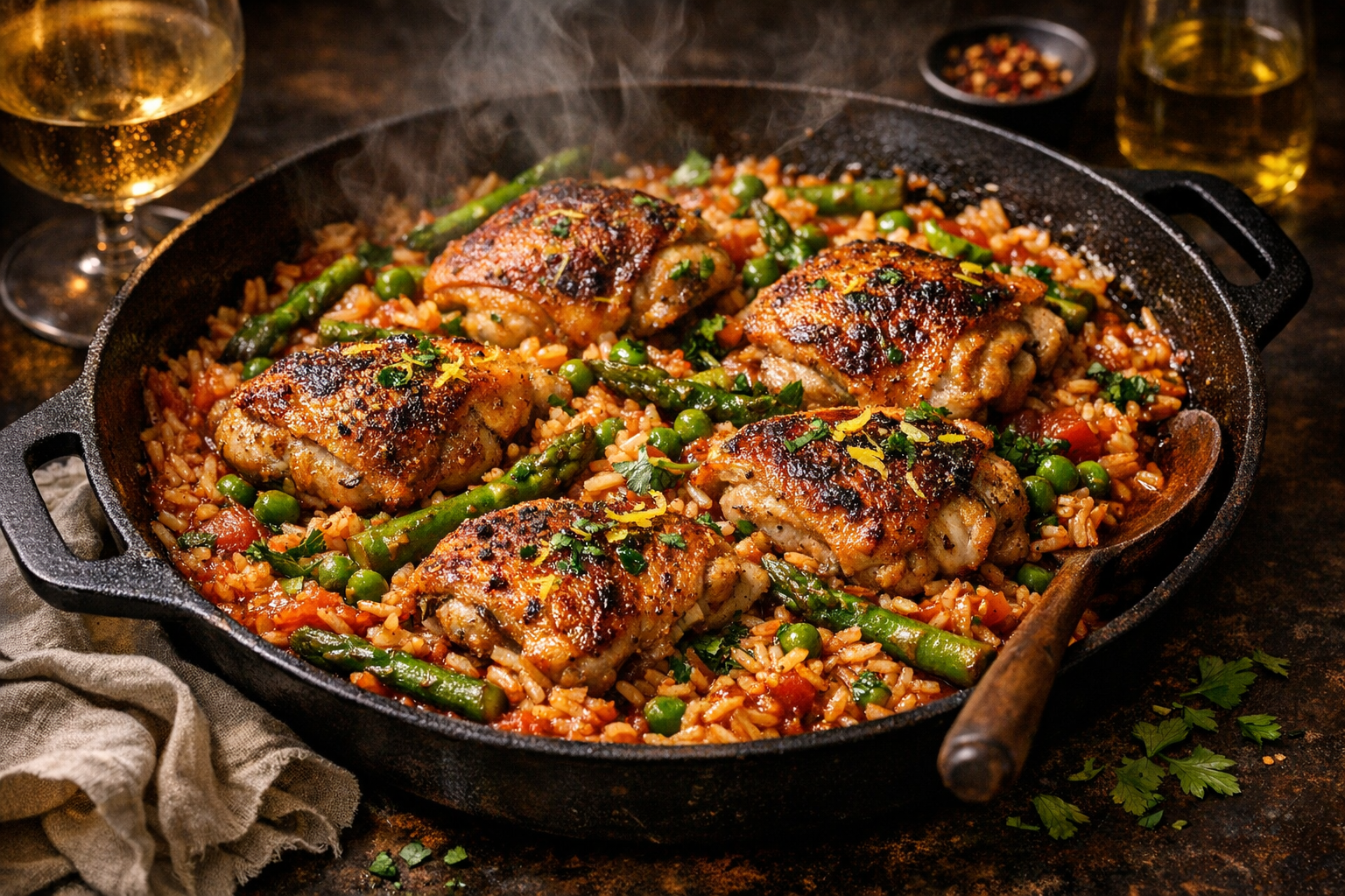Golden-skinned chicken thighs nestled in flame-orange, tomato-slicked rice dotted with spring-green asparagus and peas, finished with lemon zest and herbs, served straight from a wide black skillet.