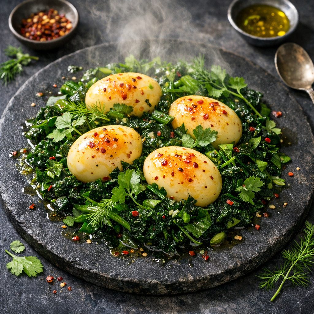 A vibrant plate displaying golden braised eggs atop a bed of deep green kale and bright herbs, drizzled with olive oil and speckled with red pepper flakes.