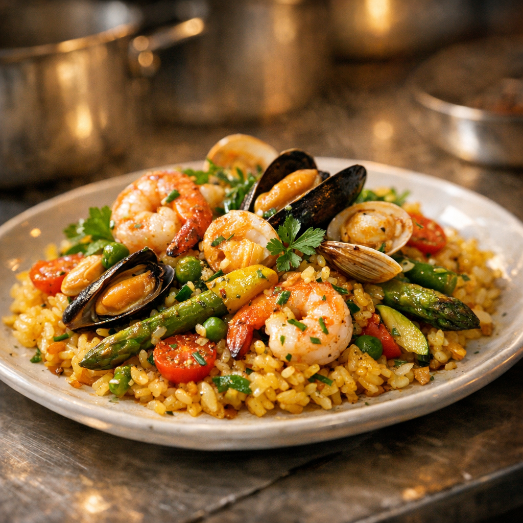 A vibrant plate of golden rice topped with succulent shellfish, colorful spring vegetables, and garnished with fresh herbs.