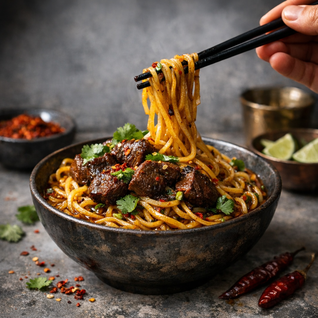 A bowl of glossy noodles topped with tender beef, vibrant green cilantro, and a sprinkle of red chili flakes, invitingly aromatic and colorful.