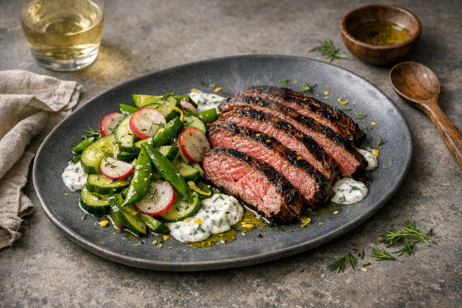 Charred-edged, rosy-pink bavette fanned over glistening cucumber-radish pickles and snap-pea salad, dotted with dill-flecked yogurt and lemon zest on a cool slate-gray oval plate.