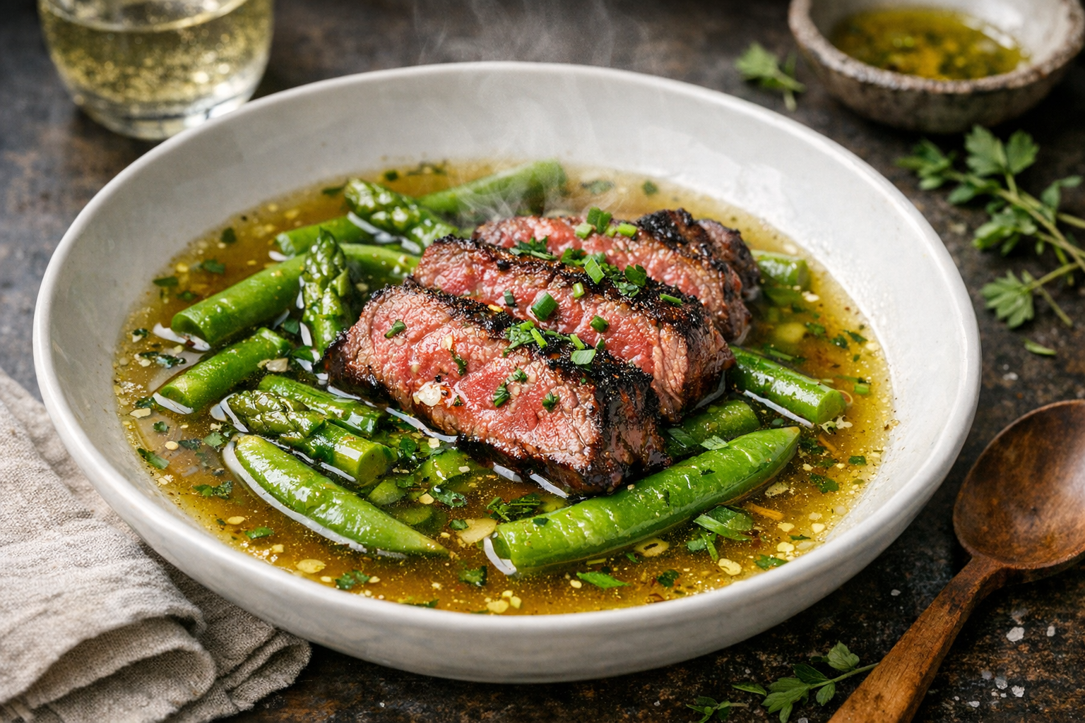 Wide white bowls hold clear amber broth with bright green asparagus and snap peas, crowned by rosy, char-edged beef slices, glossy with lemon and scattered with chives and parsley.