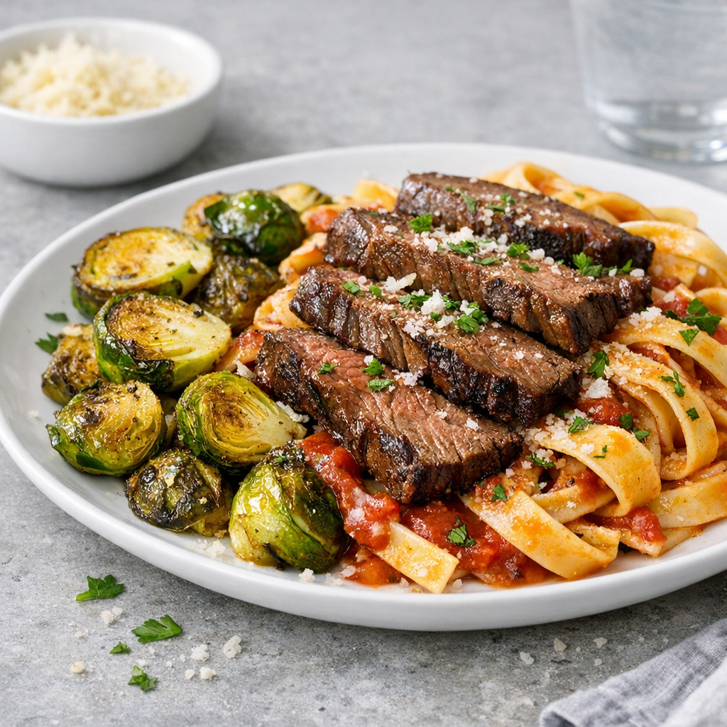 A vibrant plate of pasta topped with juicy beef slices, golden Brussels sprouts, and a sprinkle of fresh herbs, creating a colorful and inviting dish.