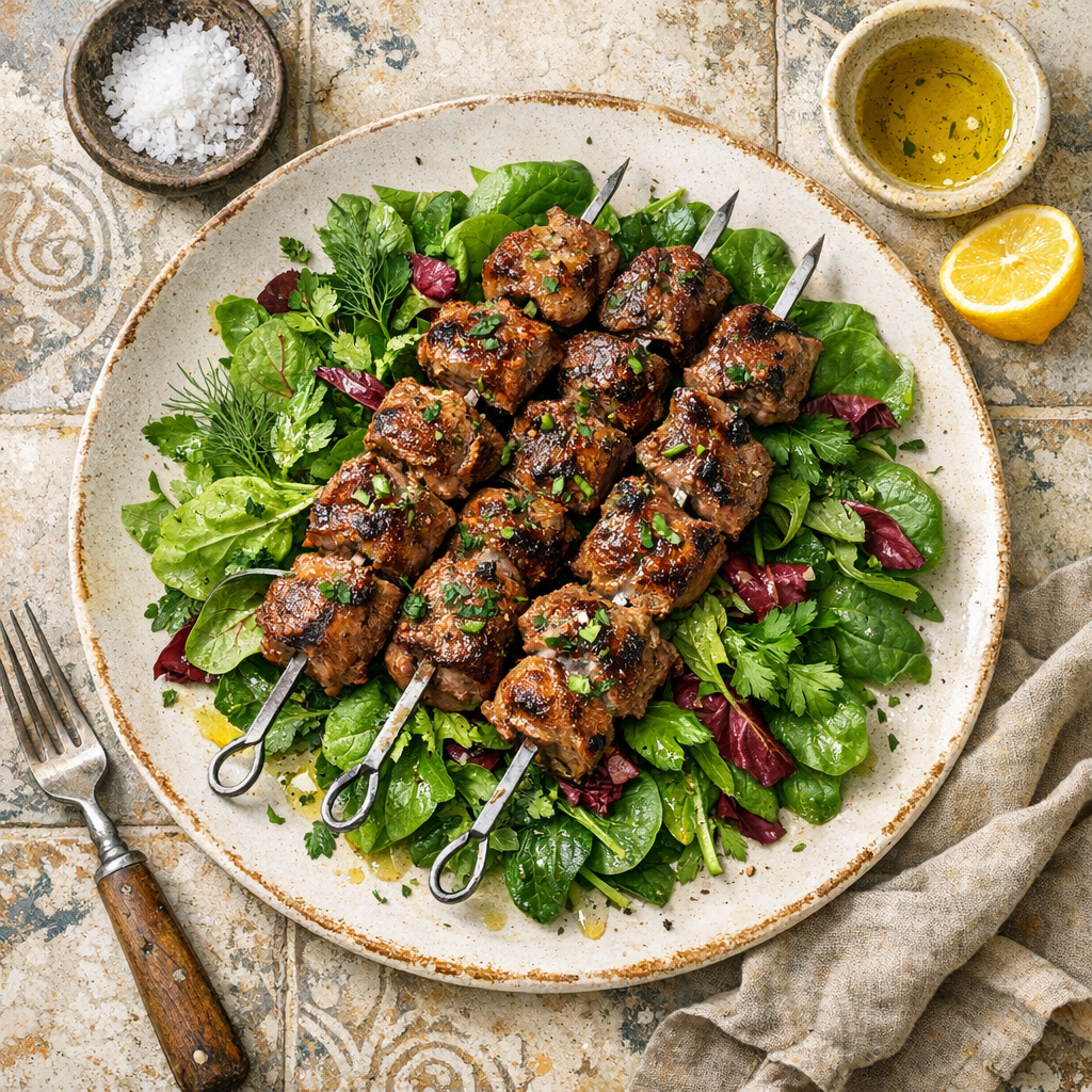 Golden-brown lamb skewers resting on a bed of vibrant green leaves, garnished with fresh herbs and a drizzle of olive oil.