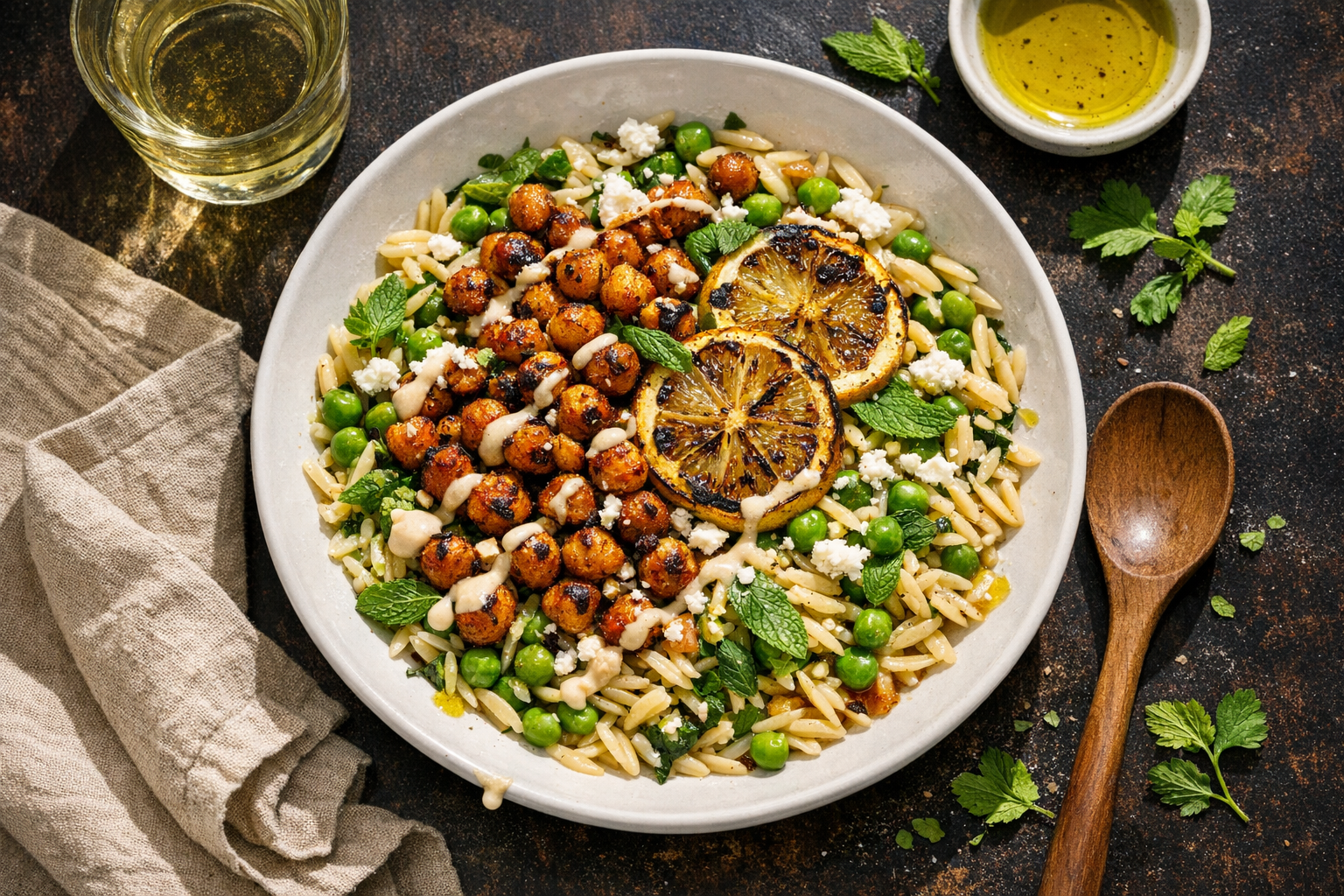Blistered chickpeas and charred lemon over glossy orzo with bright-green peas, mint, and snowy feta, lightly drizzled with tahini, mounded in a shallow white bowl.