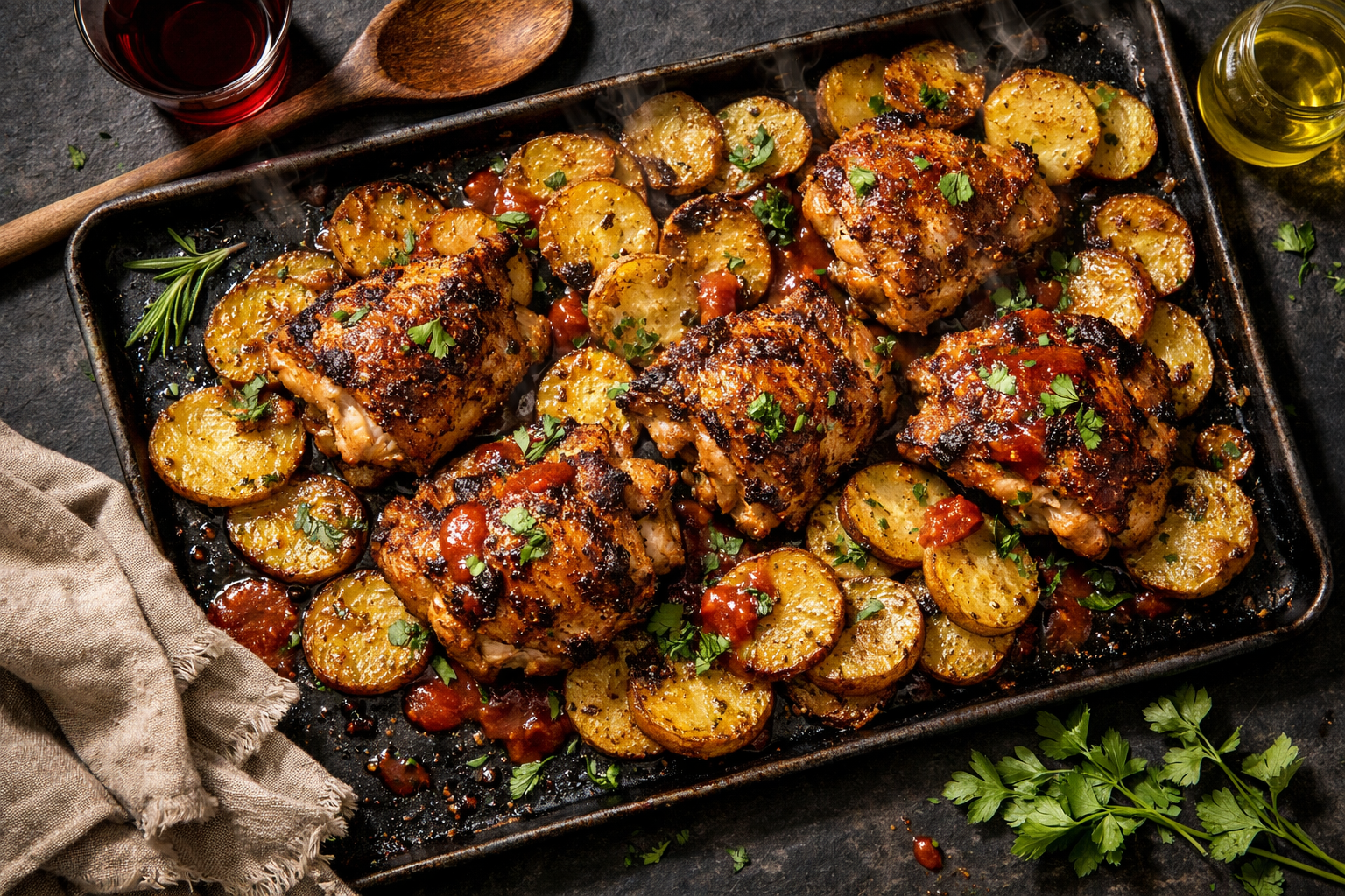 Bronzed chicken thighs with crackling skin and rosemary-flecked potato coins, glossed by scarlet tomato jus and bright parsley, served family-style on a blackened sheet pan.