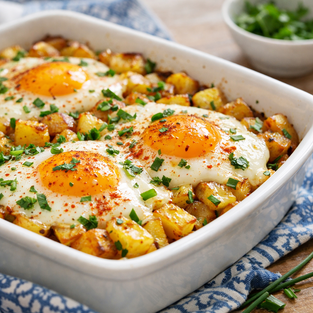 A golden-brown potato base topped with perfectly broiled eggs, garnished with fresh herbs and a sprinkle of paprika, creating a vibrant and inviting presentation.