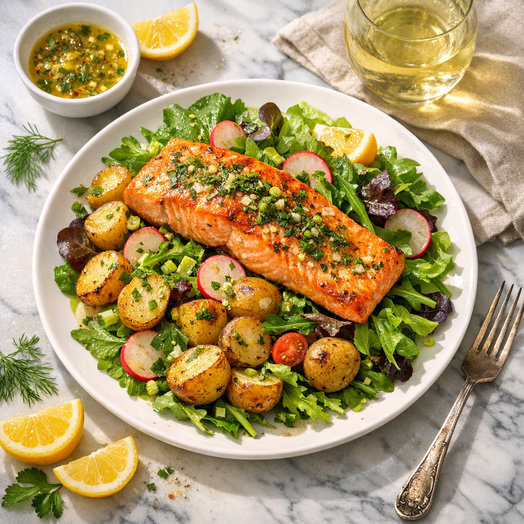 A colorful plate featuring juicy salmon atop a bed of vibrant greens and roasted potatoes, garnished with fresh herbs and a zesty dressing.