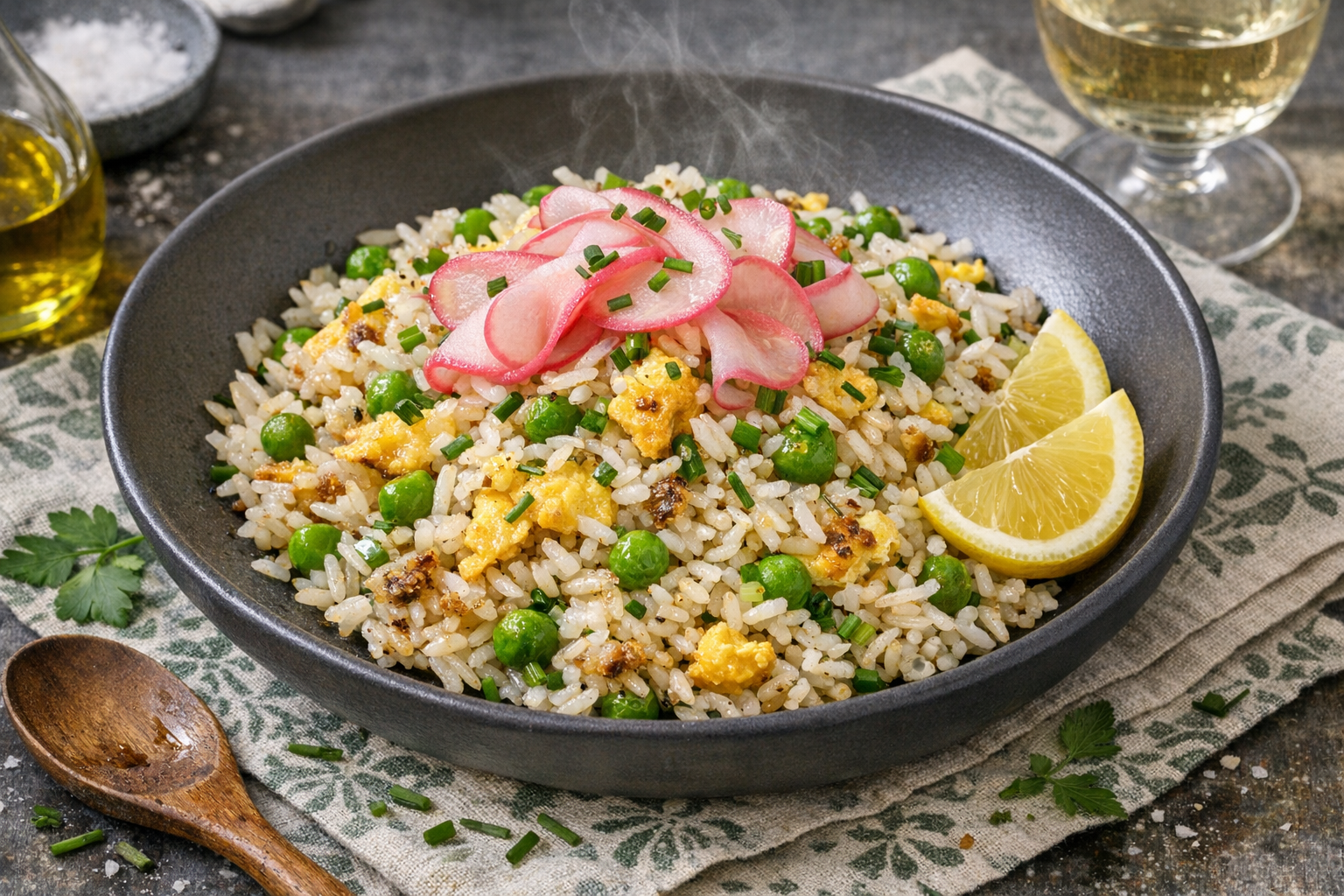 Glossy white grains with emerald peas and soft golden egg curds, topped with pink radish ribbons and chive confetti, mounded in a wide matte-charcoal bowl with lemon wedges.