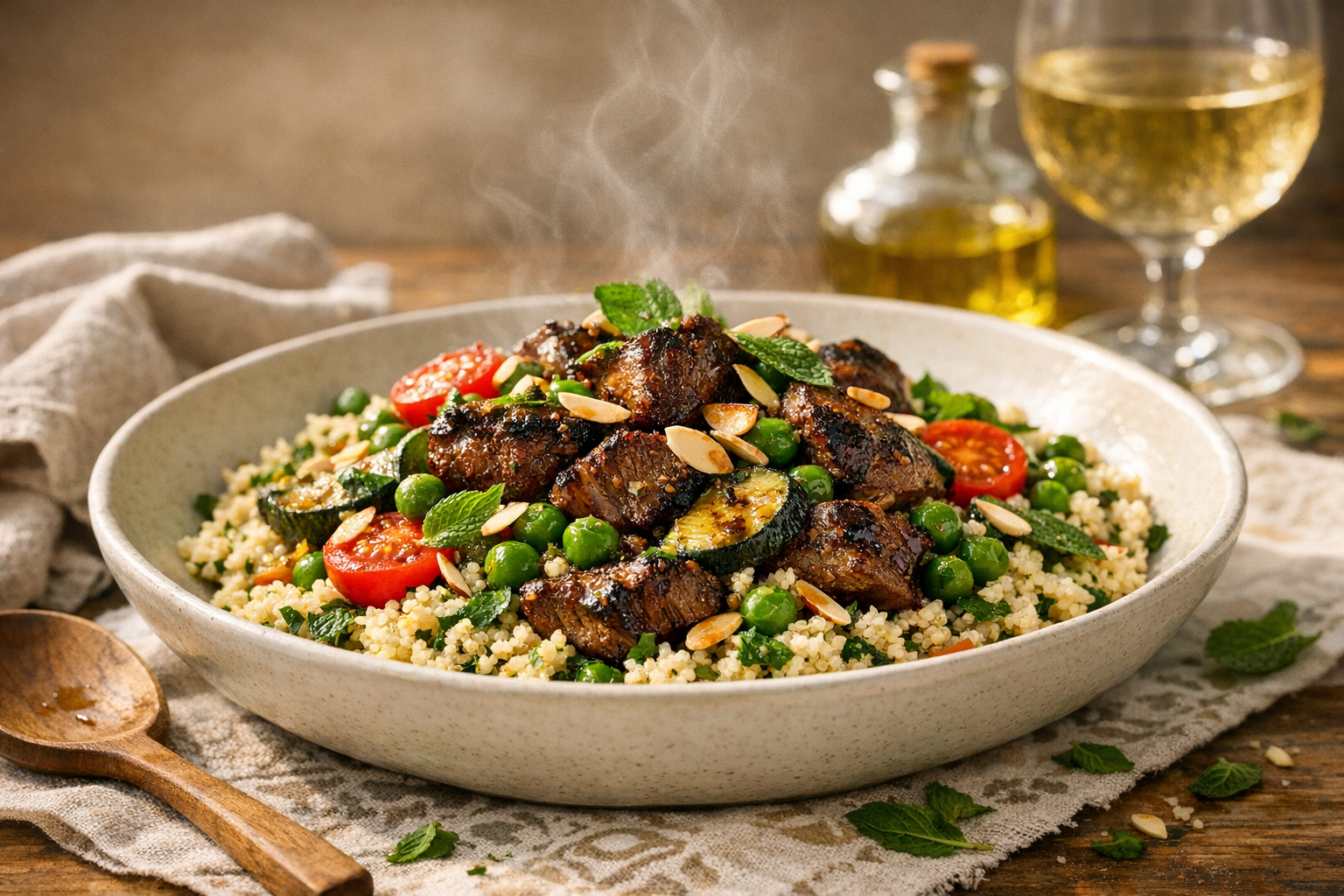 Glossy charred lamb and emerald peas over fluffy lemon-speckled quinoa, dotted with cherry tomatoes and mint, finished with toasted almonds, in a wide off-white shallow bowl.
