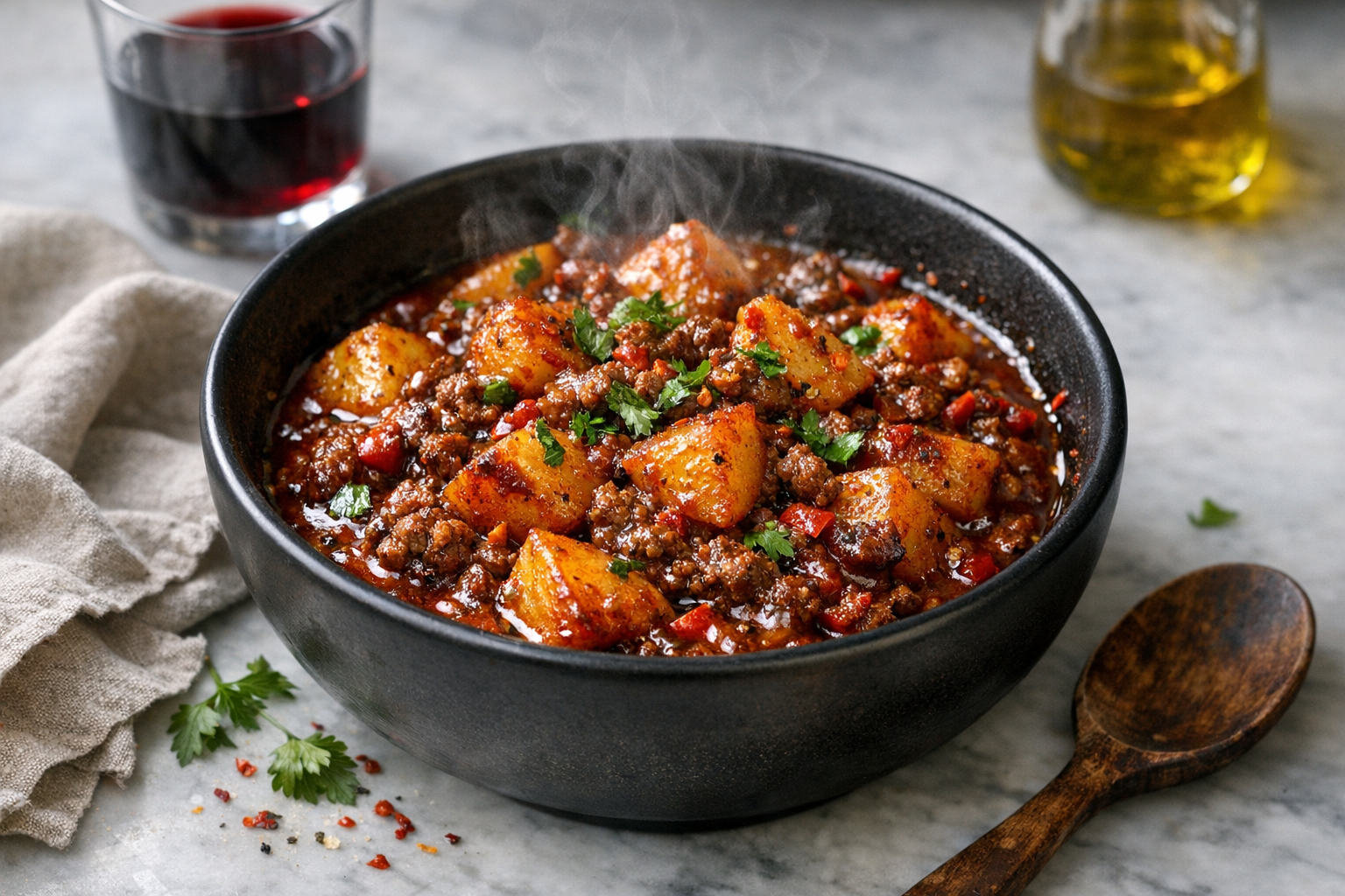 Ruddy beef-and-potato stew, glossed and thick, dotted with bright parsley in a matte-black bowl, steam curling upward and scarlet pepper flecks catching the light against the dark rim.