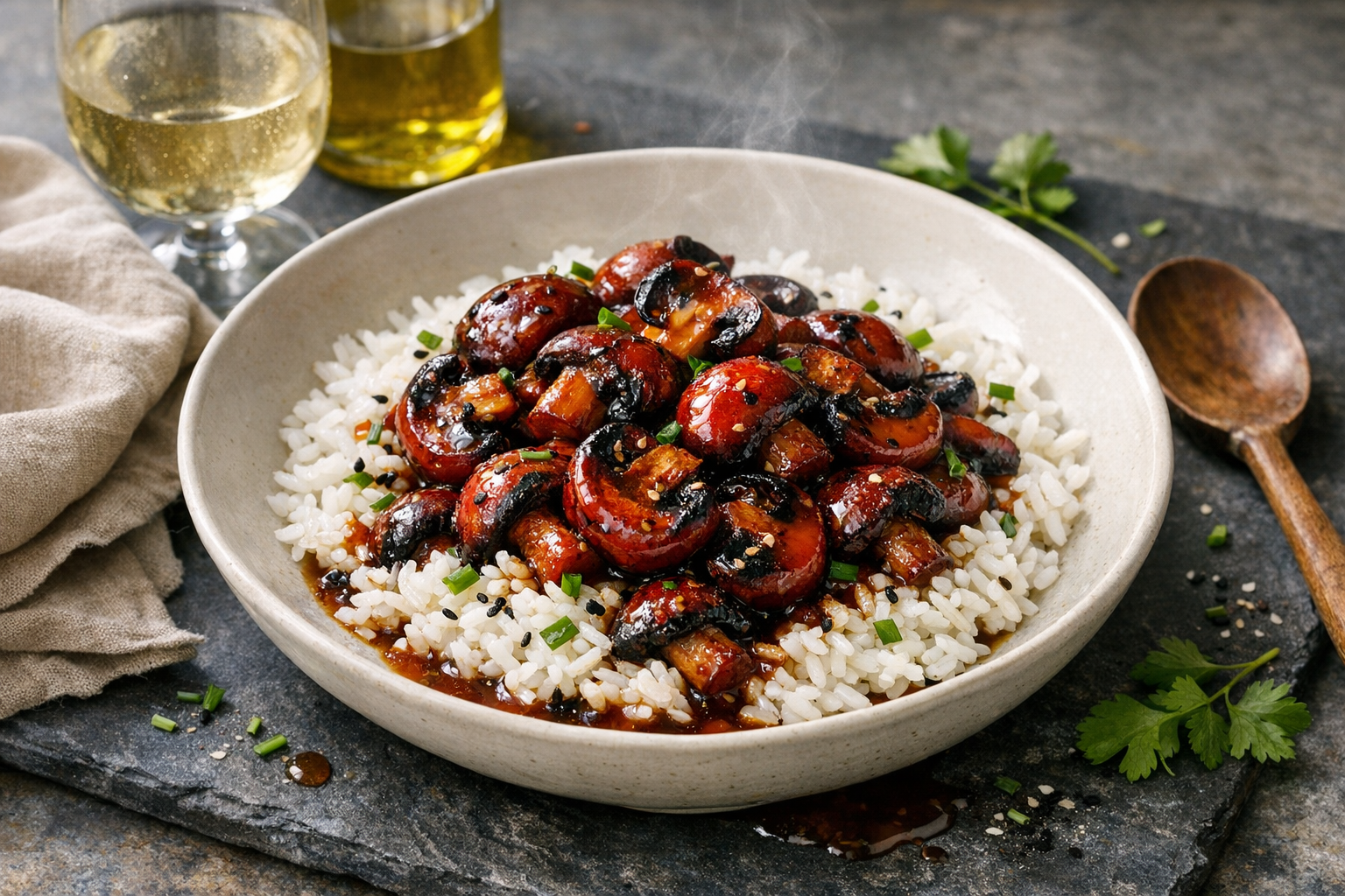 Glossy cherry-red mushrooms with inky edges over snowy rice, flecked with green chives and black sesame, pooled with lacquered glaze in a wide warm white bowl.