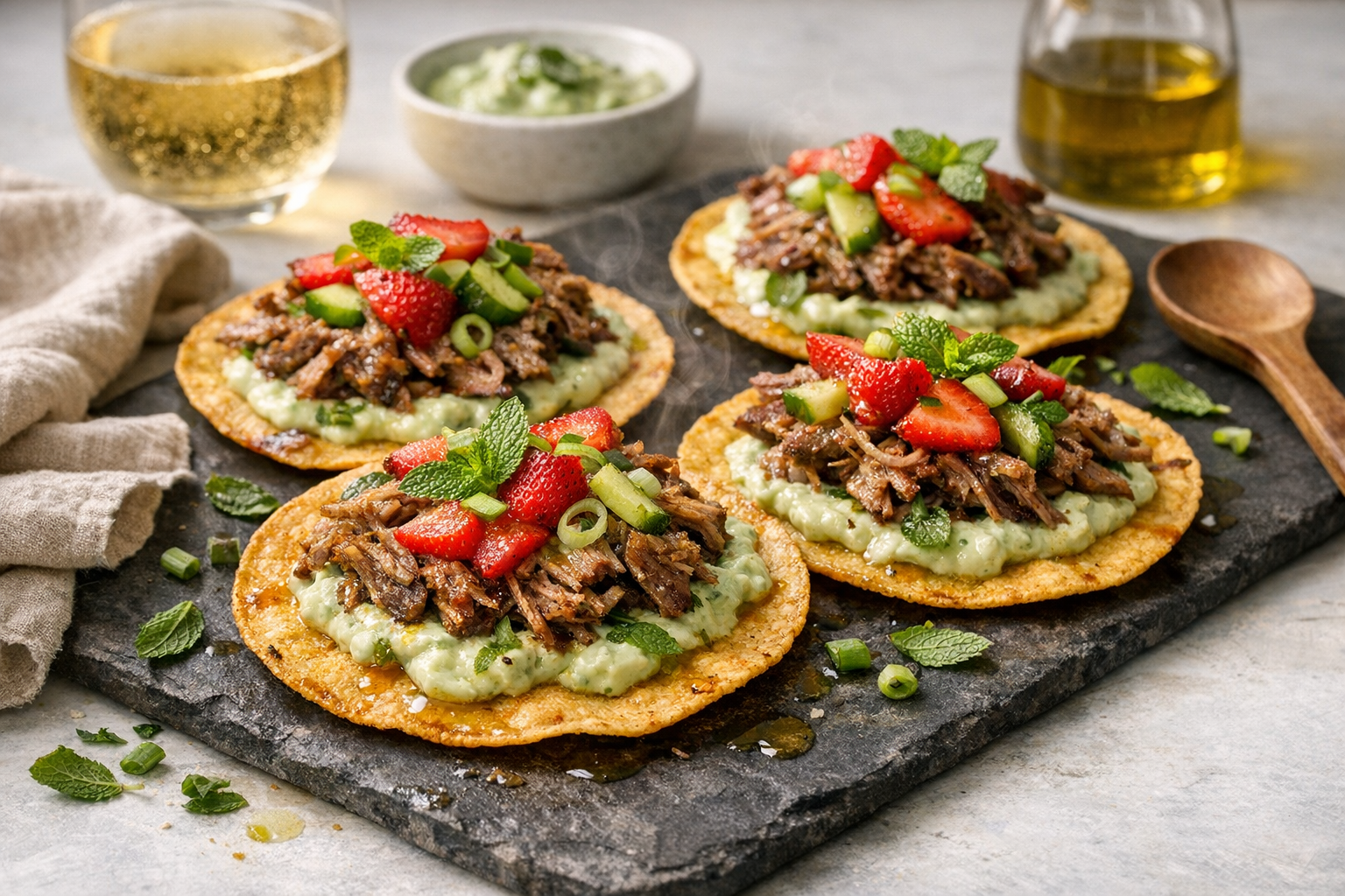 Crisp golden tostadas topped with chilled shredded lamb, pale-green mint-pea yogurt, ruby strawberry-cucumber pickles, and mint leaves, scattered with spring onion on a matte slate platter.