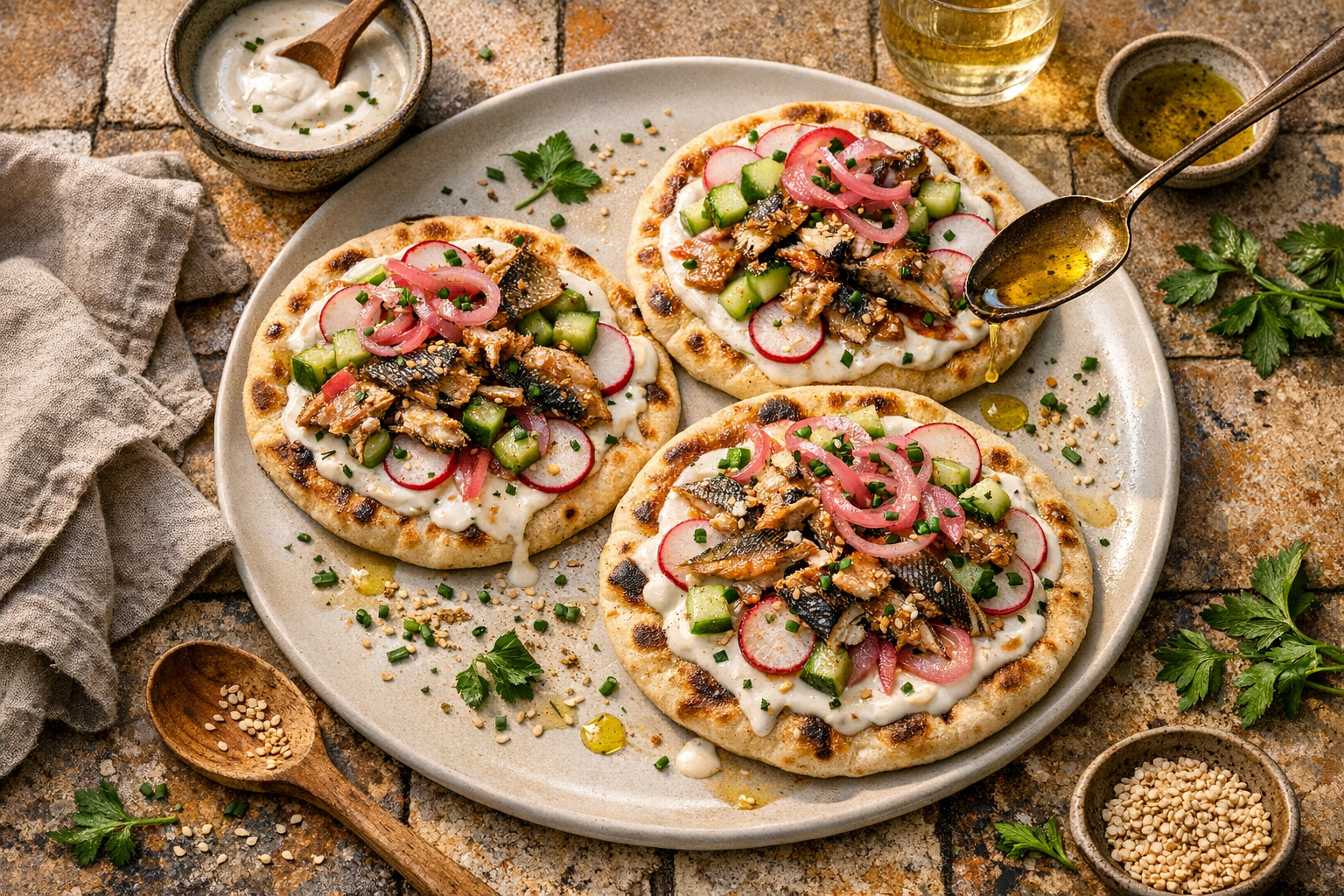 Cool flatbreads topped with glossy tahini yogurt, bronze mackerel flakes, ruby radishes, jade cucumber, and blush-pink onions, sprinkled with sesame and chives on a matte white platter.