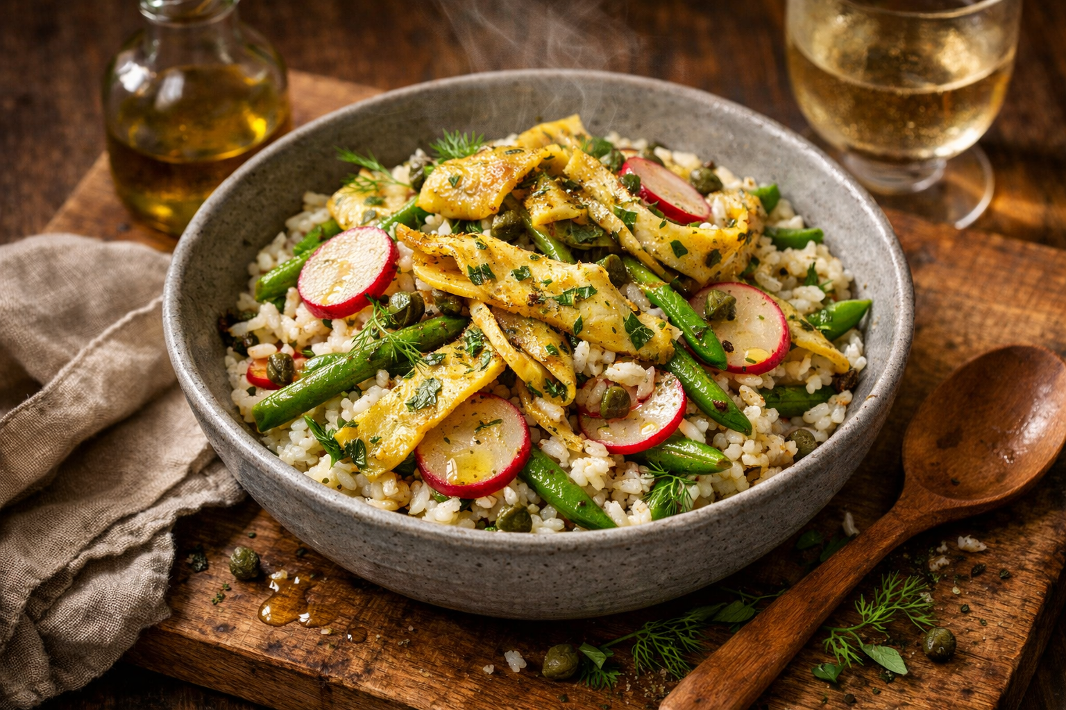 Pearl-white rice dotted with ruby radishes, emerald beans, and golden egg ribbons, glossed with lemon vinaigrette and capers, piled in a cool gray ceramic bowl with feathery herb fronds.