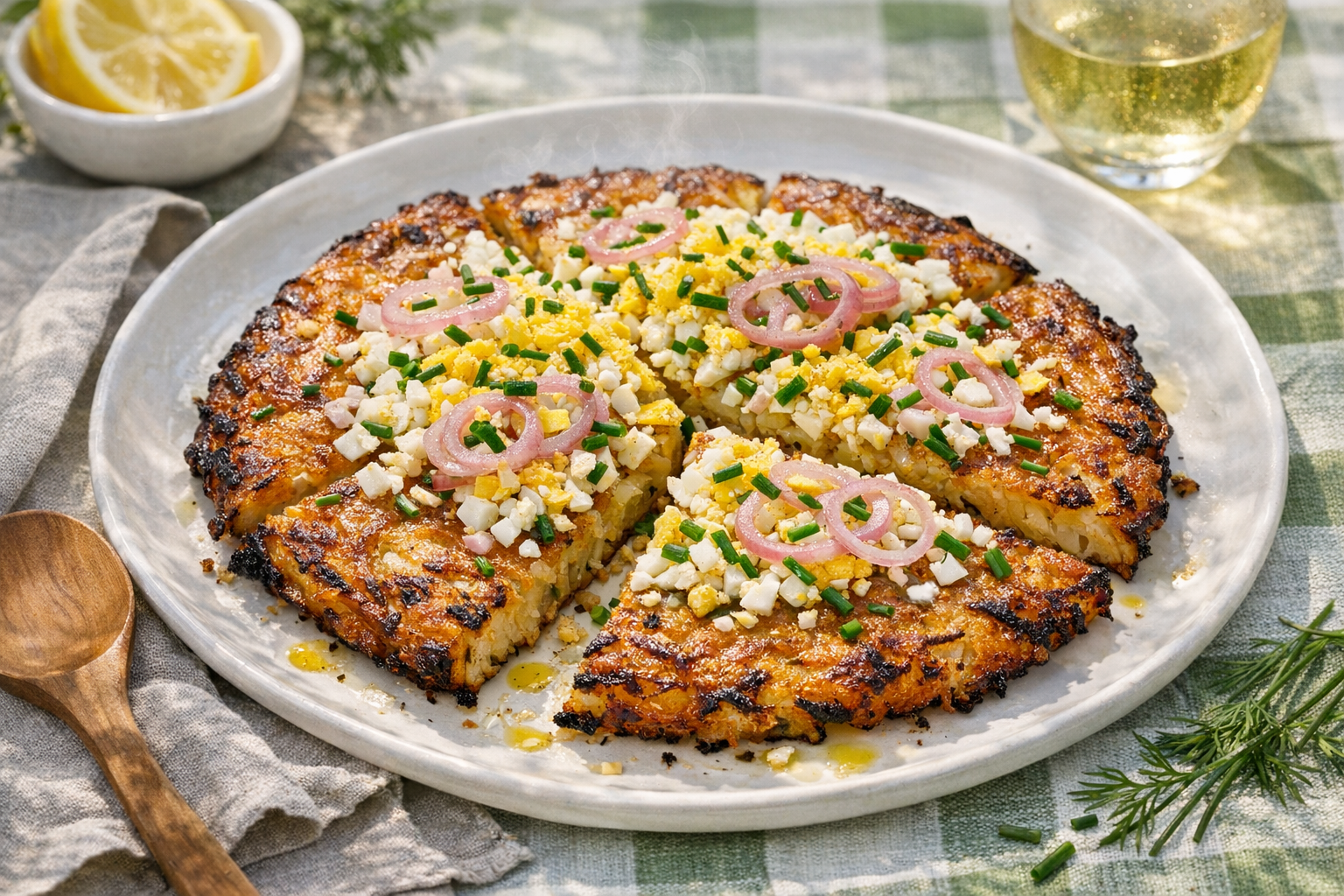 A wide, bronze-roasted rosti on a cool white platter, topped with snowy chopped egg, sunny grated yolks, translucent pink shallot rings and emerald chives, edges crisp and neatly cut into wedges.