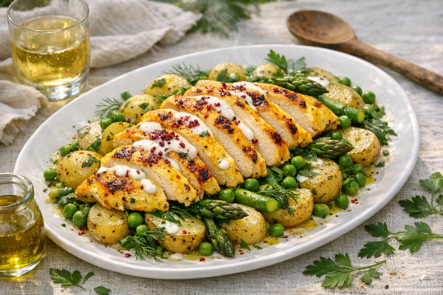 Pale-gold sliced chicken fanned over glossy potatoes with emerald asparagus, peas, and herbs, flecked with ruby sumac, drizzled with creamy yogurt on a cool white oval platter.