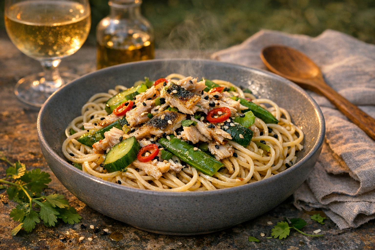 Pale noodles nest in a cool gray bowl beneath pearly mackerel flakes, jade cucumbers and snap peas, black-and-ivory sesame, and thin red chili slices glinting under a light sesame sheen.