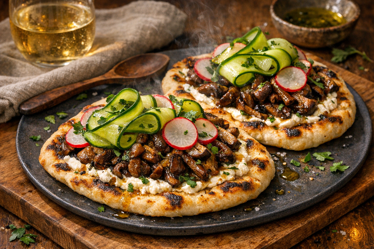 Glossy marinated mushrooms piled over creamy ricotta on char-flecked flatbreads, crowned with jade cucumber ribbons, ruby radish coins, and chopped herbs, on a slate-gray platter.
