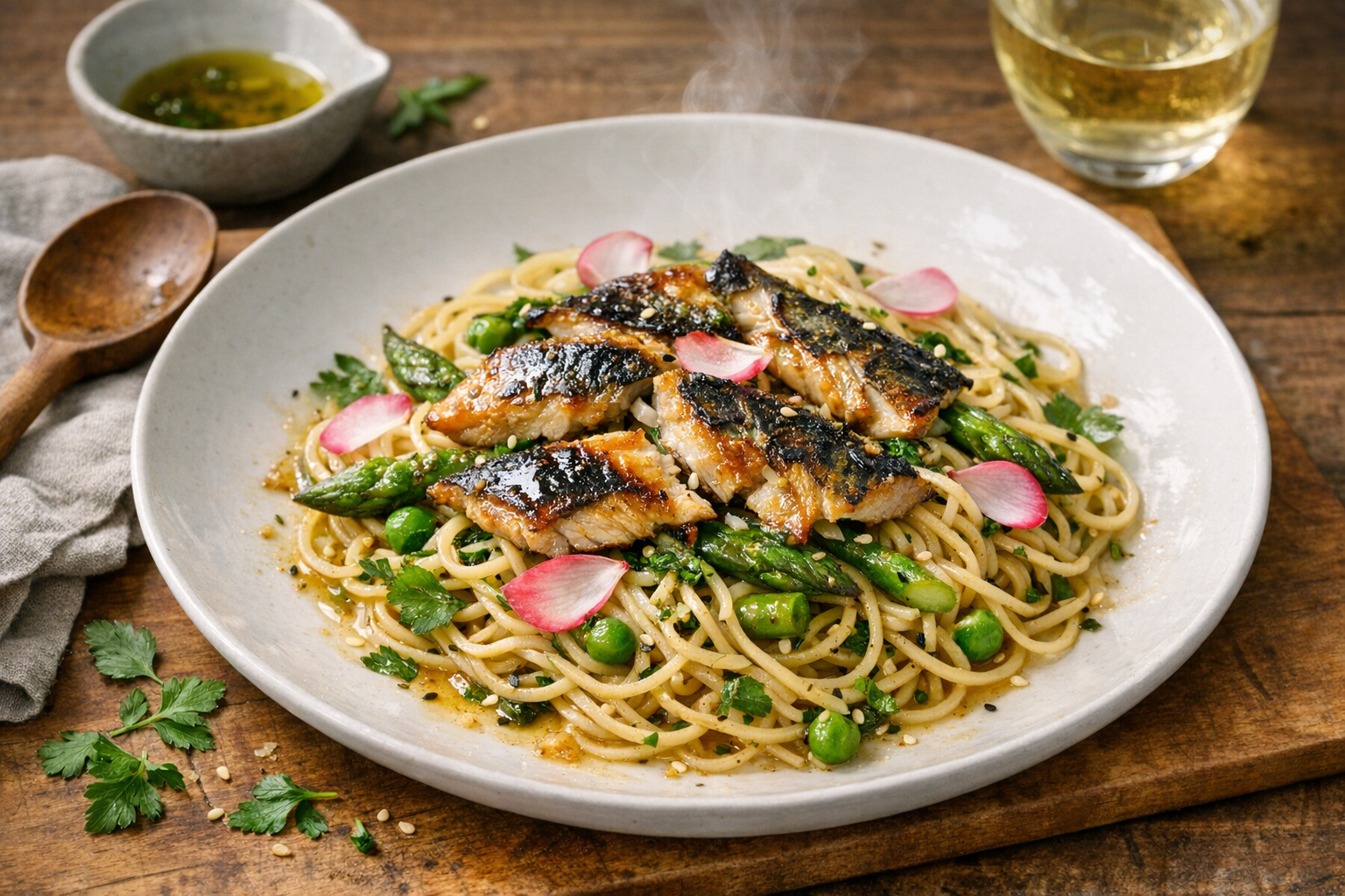 Glossy flakes of seared mackerel over pale-gold noodles with emerald asparagus and peas, flecked with herbs and sesame, radish petals scattered on a wide white coupe plate.