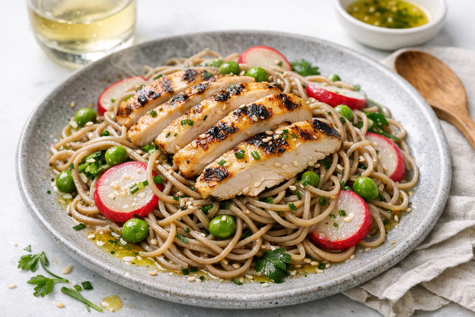 Char-marked chicken slices over glossy soba with jade peas, ruby radishes, and chive-flecked lemon dressing, finished with sesame on a cool gray stoneware platter.