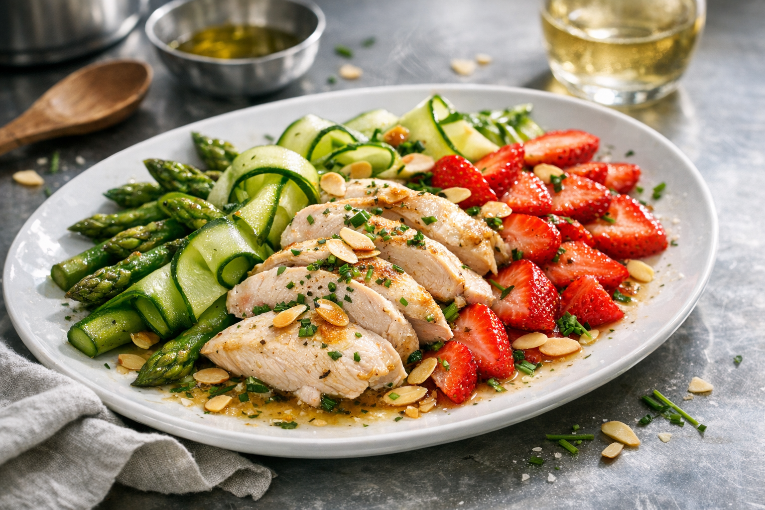 A cool white platter layered with emerald asparagus and cucumber ribbons, blush strawberries and pale, herb-glossed chicken slices, finished with golden almonds and chive flecks glistening in a light vinaigrette.