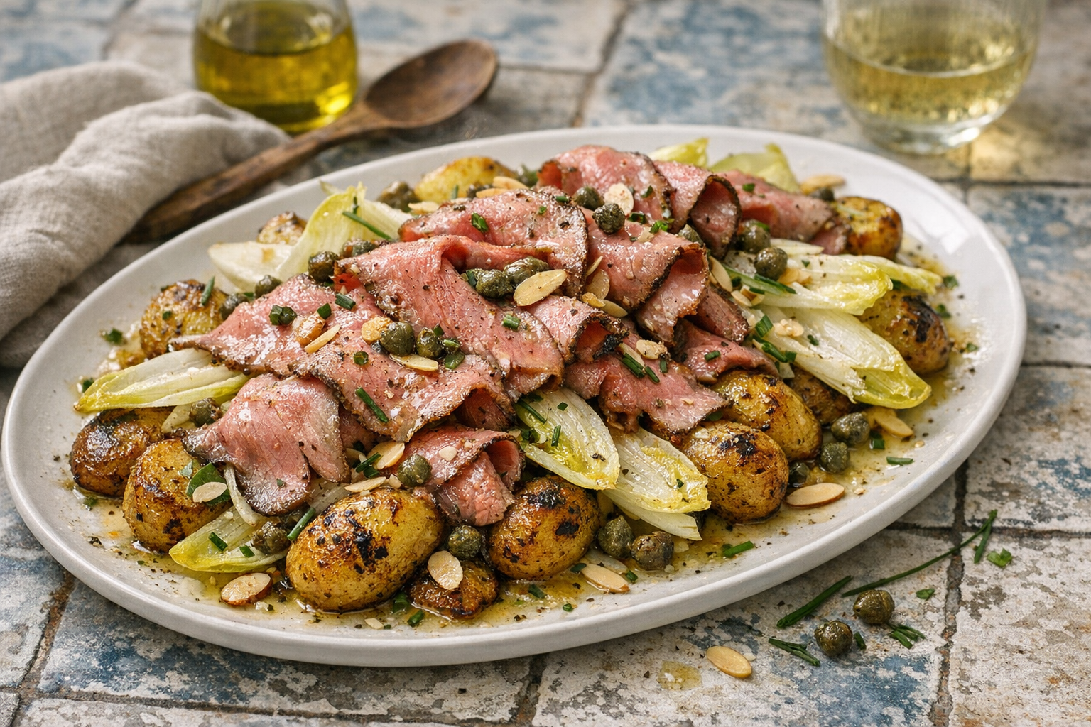 Rosy, thin-sliced roast beef draped over golden roasted potatoes and pale-crisp endive, jeweled with capers, chives, and almonds, glistening with lemon dressing on a cool white platter.