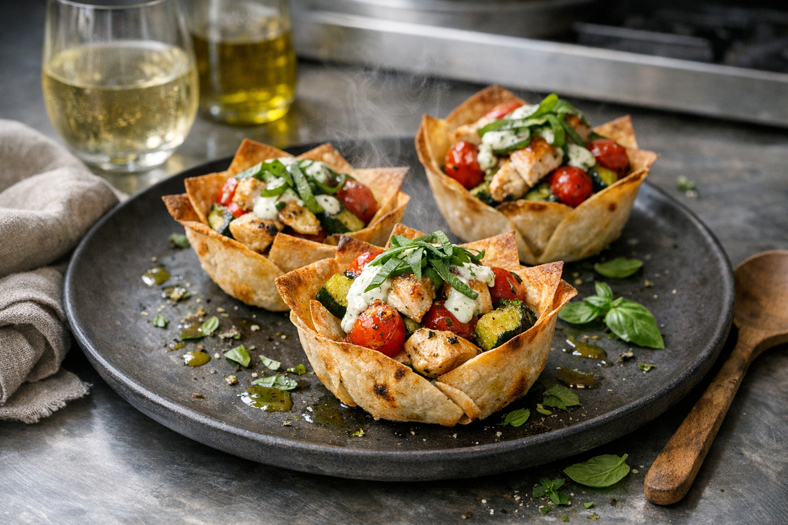 Golden tortilla cups packed with glossy roasted chicken, ruby tomatoes, and green zucchini, streaked with pale-green herb yogurt and basil ribbons on a matte charcoal platter.