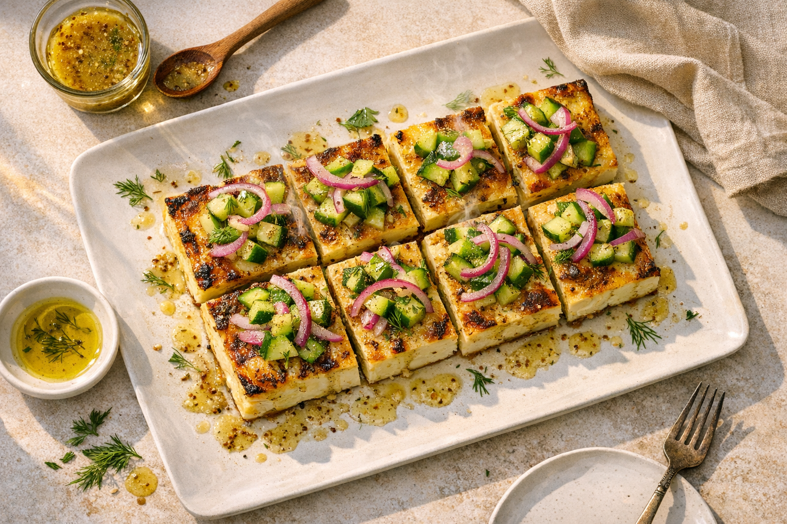 Pale-gold egg-and-potato squares on a chilled white platter, glossed with speckled mustard-dill dressing and heaped with jade cucumber and amethyst onion, edges clean and geometric against a cool porcelain surface.